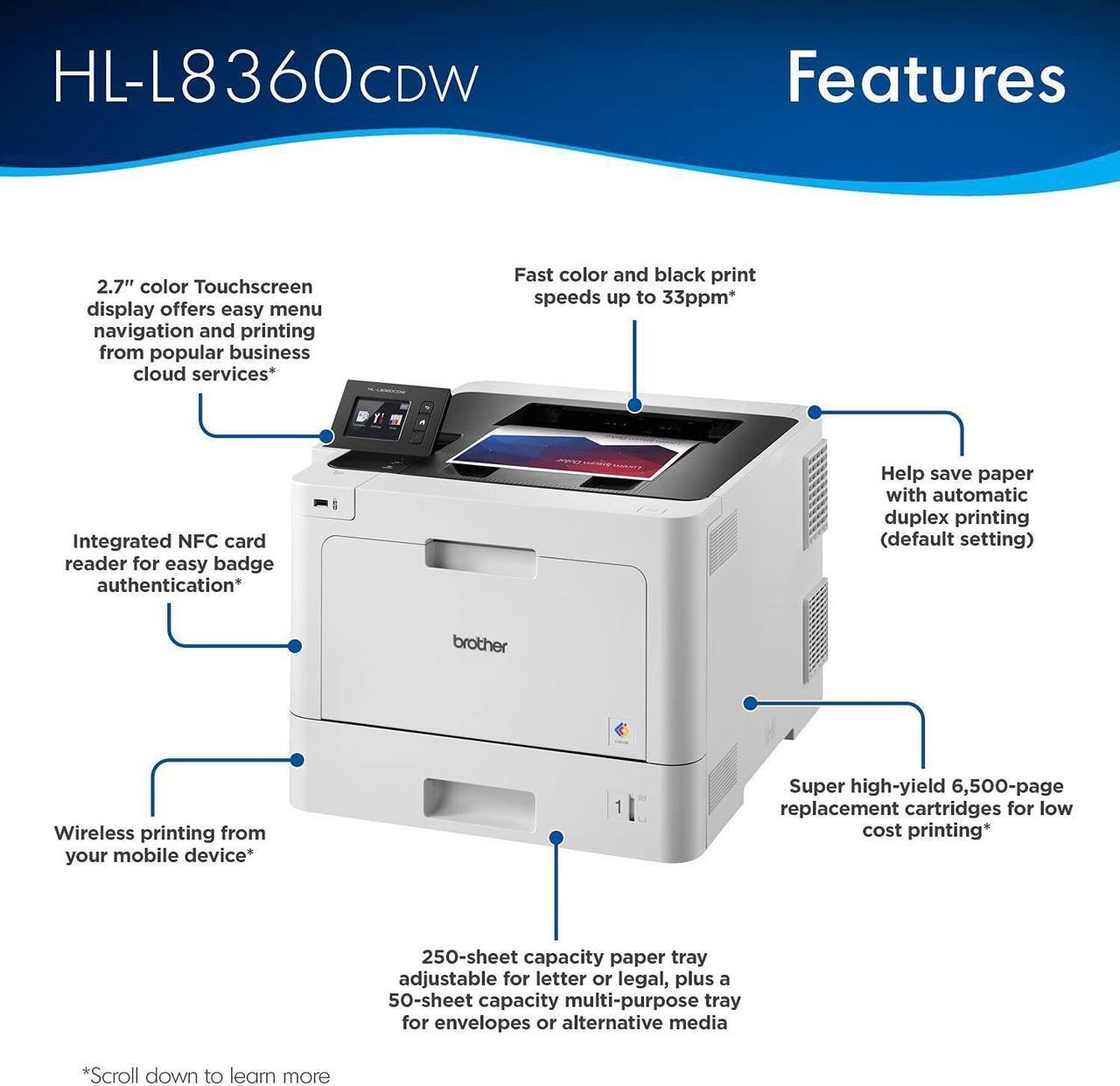Alt view image 3 of 7 - Brother Business Color Laser Printer, HL-L8360CDW, Wireless Networking, 31 ppm, 600 x 2400 dpi, 8.5 x 14, 2.7" Touchscreen LCD, Auto 2-Sided Printing, JAWFOAL Printer Cable