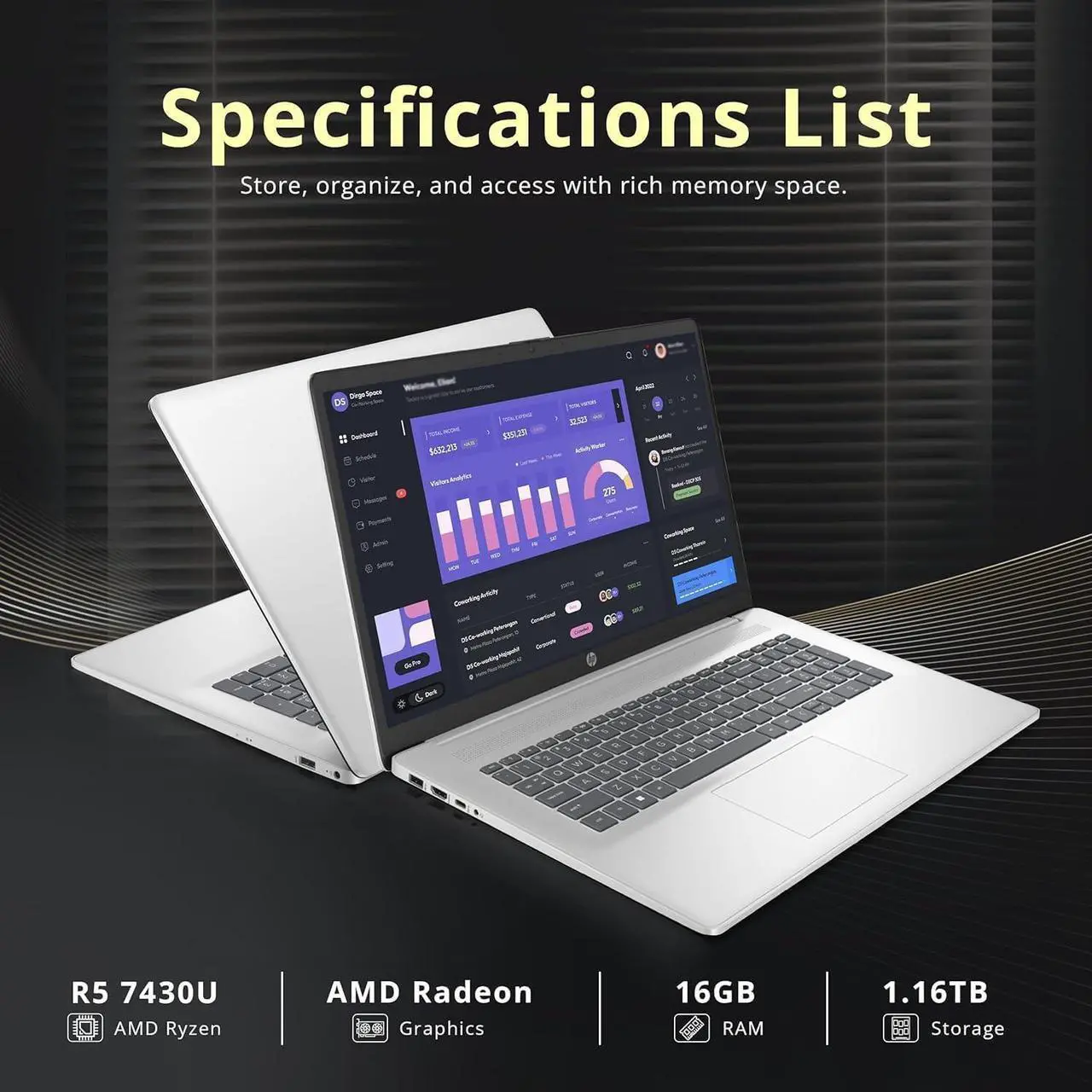 Alt view image 4 of 7 - HP 17.3" FHD Laptop for Business and Students - with Office Lifetime License, AMD Ryzen 5 7430U, Wi-Fi 6, Windows 11 Pro (16GB RAM | 512GB SSD)