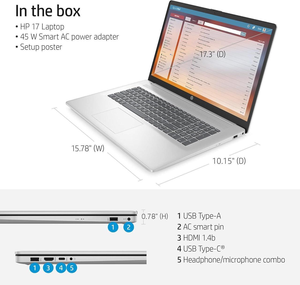 Alt view image 6 of 7 - HP Business Touchscreen Laptop 17 inch, Intel Core i7-1355U, 16 GB RAM, 1 TB SSD, Intel Iris Xe GPU, Wi-Fi 6, Fingerprint, MS Office Pro Lifetime License, Windows 11 Pro