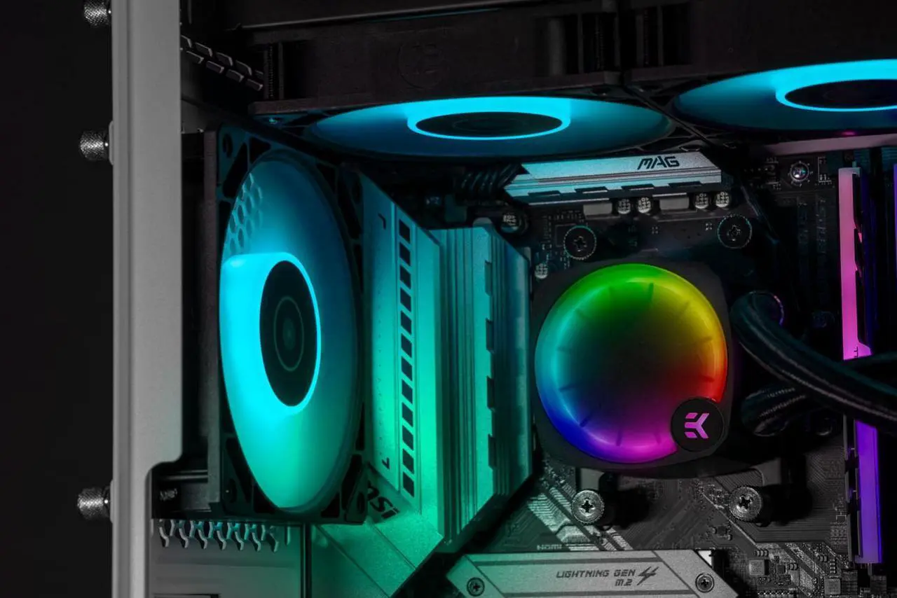 Alt view image 6 of 7 - EK Nucleus AIO CR240 Lux D-RGB 240mm AIO Liquid CPU Cooler with EK FPT 120mm Fans - Compatible with latest Intel and AMD CPU sockets - LGA 1700 and AM5