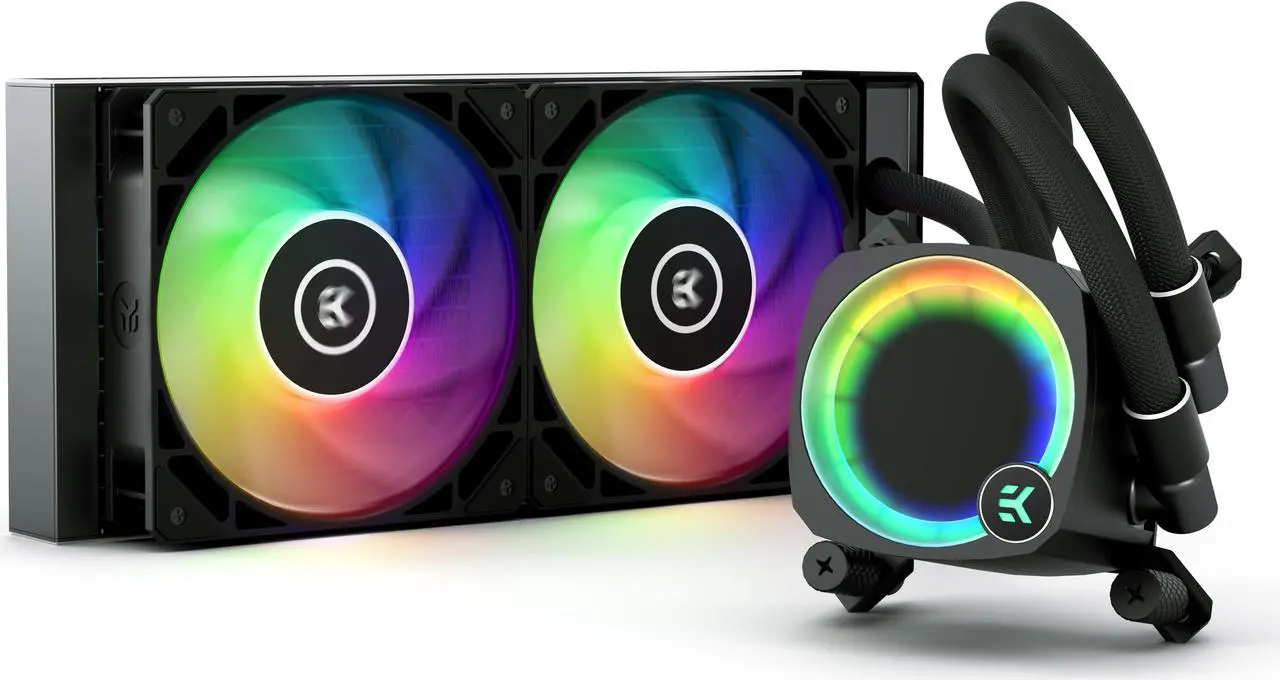 Main image of EK Nucleus AIO CR240 Lux D-RGB 240mm AIO Liquid CPU Cooler with EK FPT 120mm Fans - Compatible with latest Intel and AMD CPU sockets - LGA 1700 and AM5