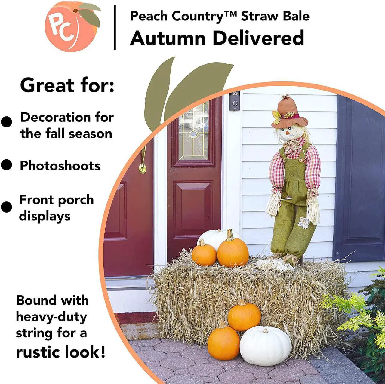 Alt view image 2 of 5 - Peach Country Real Full Size Straw Bale for: Autumn Fall Decorations, Bedding, Over Seeding- 35" x 19" 12"