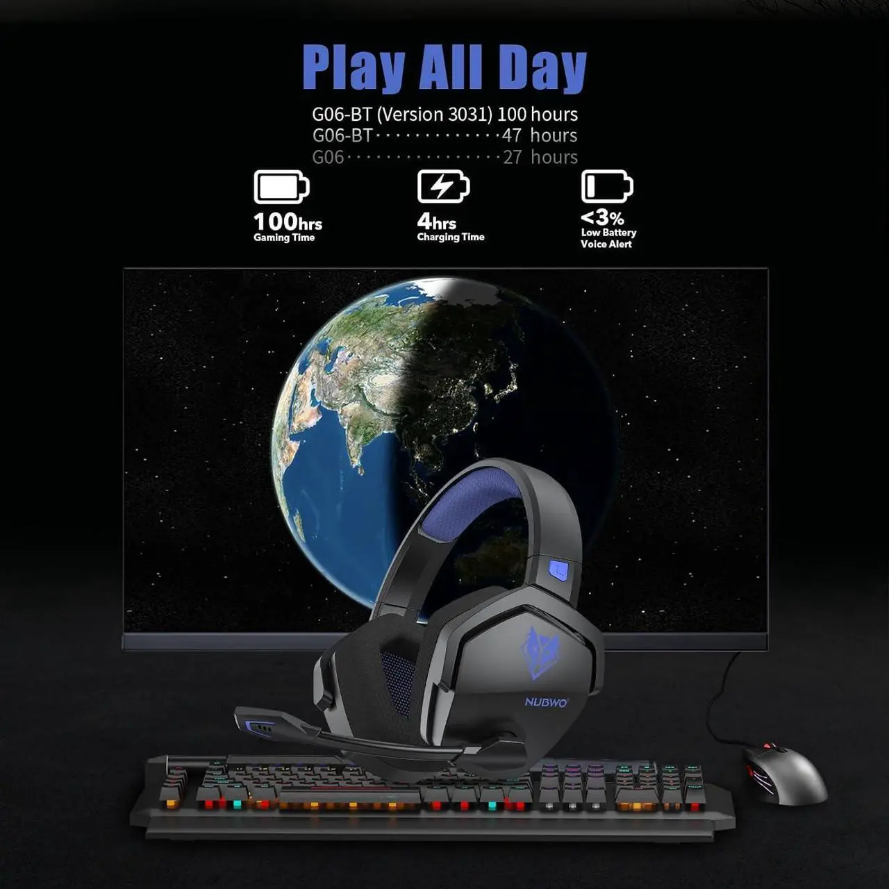 Alt view image 2 of 5 - G06 Dual Wireless Gaming Headset with Microphone for PS5, PS4, PC, Mobile, Switch: 2.4GHz Wireless + Bluetooth - 100 Hr Battery - 50mm Drivers - Blue