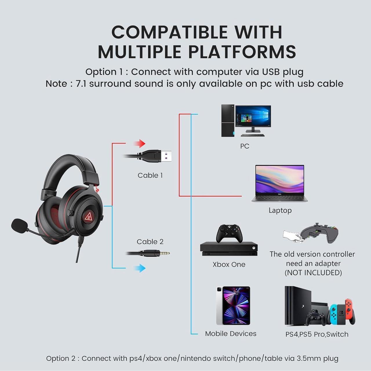 Alt view image 4 of 7 - EKSA E900 Pro USB Gaming Headset for PC - Computer Headset with Detachable Noise Cancelling Mic, 7.1 Surround Sound, 50MM Driver - Headphones with Microphone for PS4/PS5, Xbox One, Laptop, Office