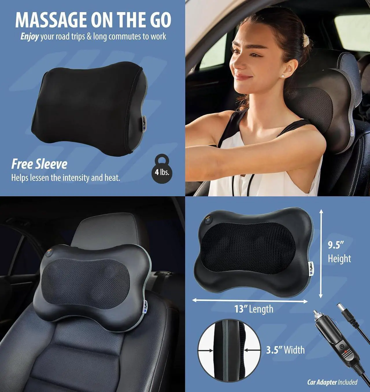 Alt view image 3 of 7 - Shiatsu Back and Neck Massager with Heat - 3D Kneading Deep Tissue Electric Massage Pillow for Chair, Car, Muscle Pain Relief on Shoulders, Legs, Foot - Black (ZMA-13)