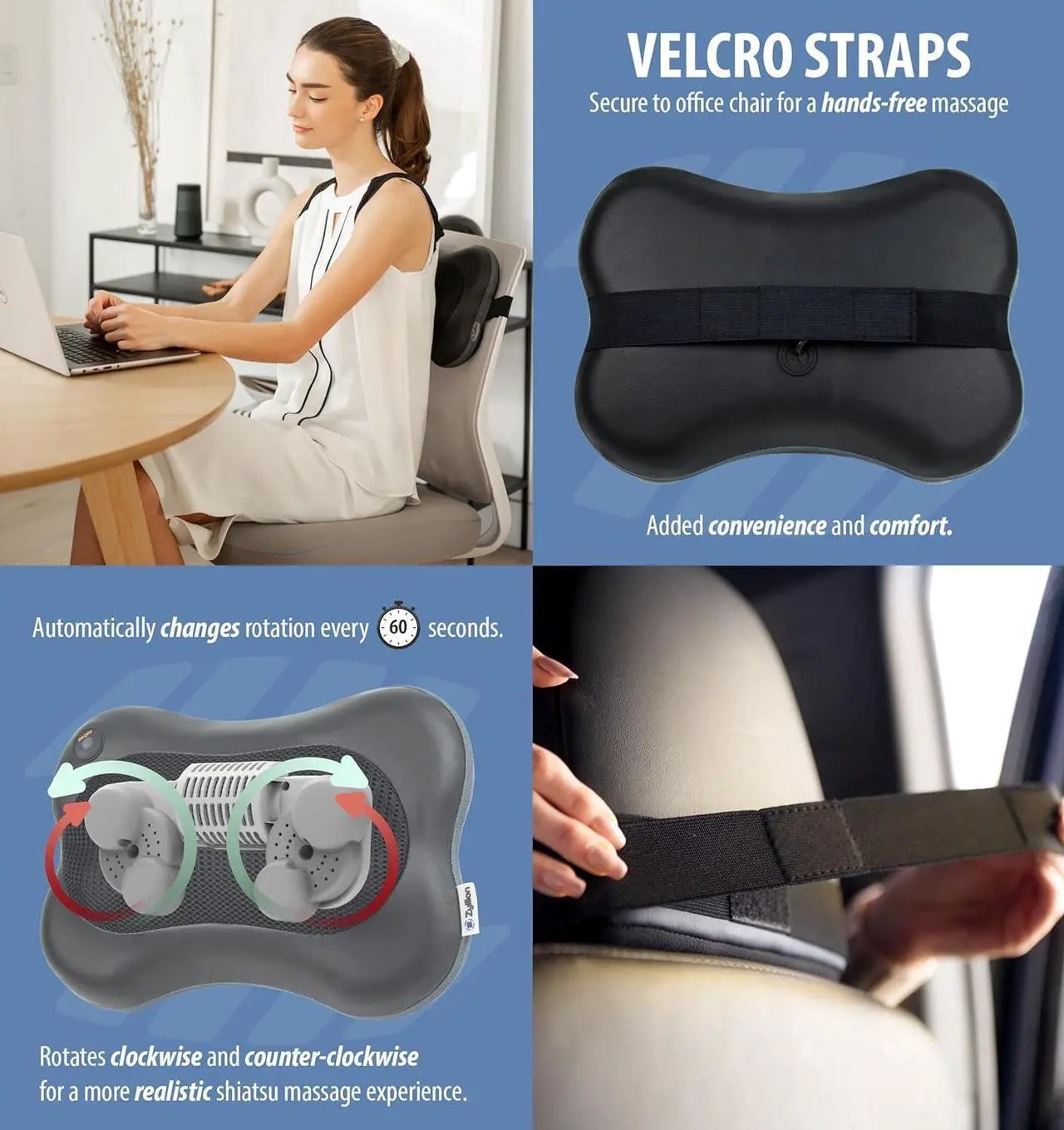 Alt view image 4 of 7 - Shiatsu Back and Neck Massager with Heat - 3D Kneading Deep Tissue Electric Massage Pillow for Chair, Car, Muscle Pain Relief on Shoulders, Legs, Foot - Black (ZMA-13)