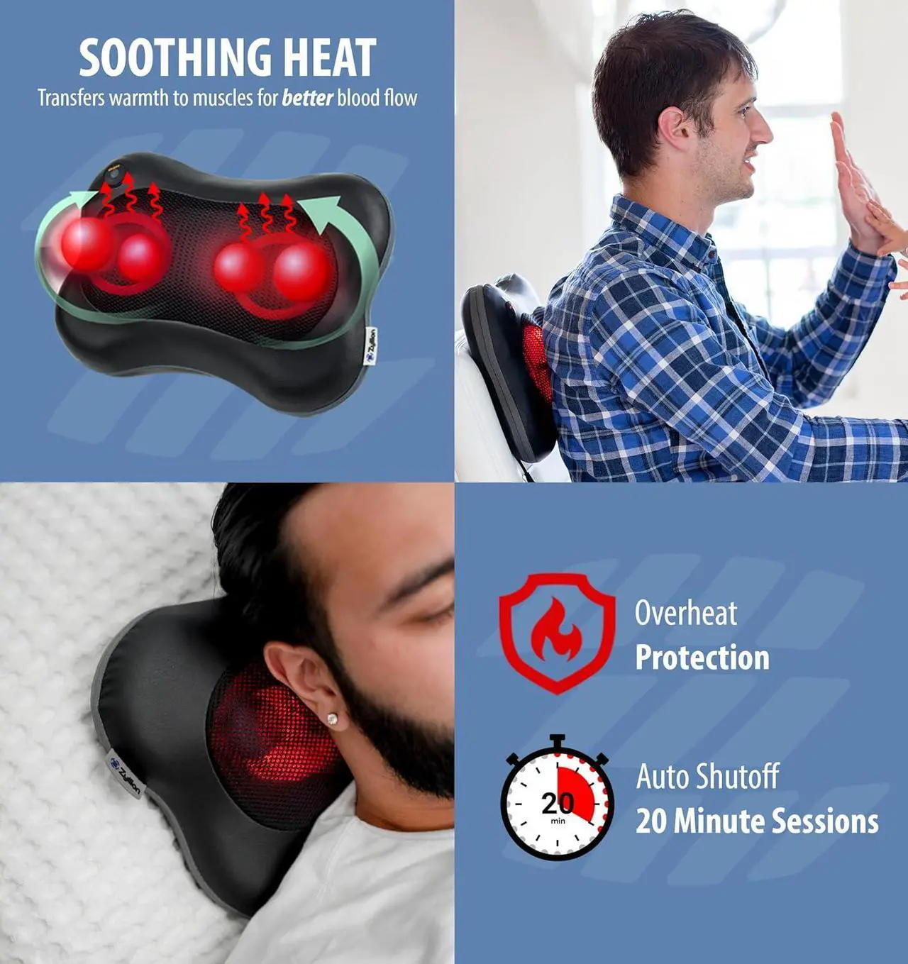 Alt view image 5 of 7 - Shiatsu Back and Neck Massager with Heat - 3D Kneading Deep Tissue Electric Massage Pillow for Chair, Car, Muscle Pain Relief on Shoulders, Legs, Foot - Black (ZMA-13)