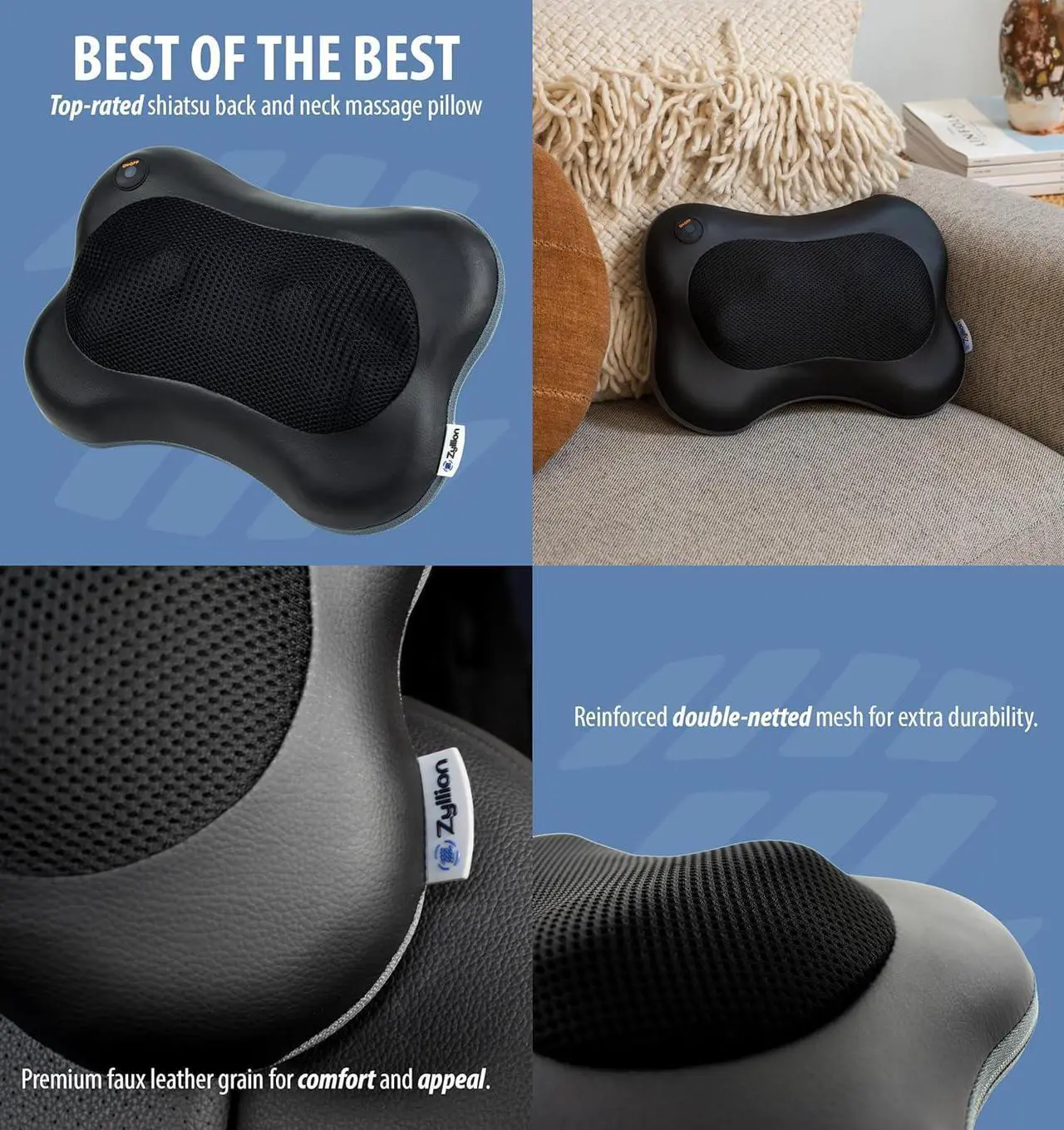 Alt view image 7 of 7 - Shiatsu Back and Neck Massager with Heat - 3D Kneading Deep Tissue Electric Massage Pillow for Chair, Car, Muscle Pain Relief on Shoulders, Legs, Foot - Black (ZMA-13)