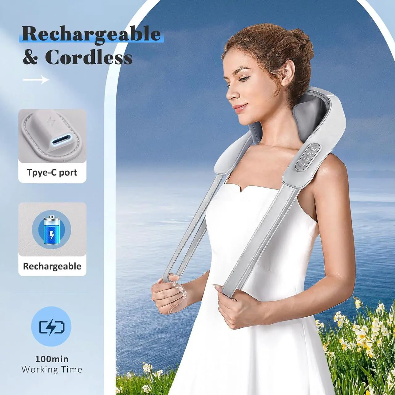 Alt view image 6 of 7 - Neck Massager for Neck Pain Relief, 4D Deep Kneading Massagers with 6 Massage Nodes, Cordless Shiatsu Neck and Shoulder Massage Pillow with Heat for Neck, Traps, Back  Leg, Gifts for Women Men- Gray
