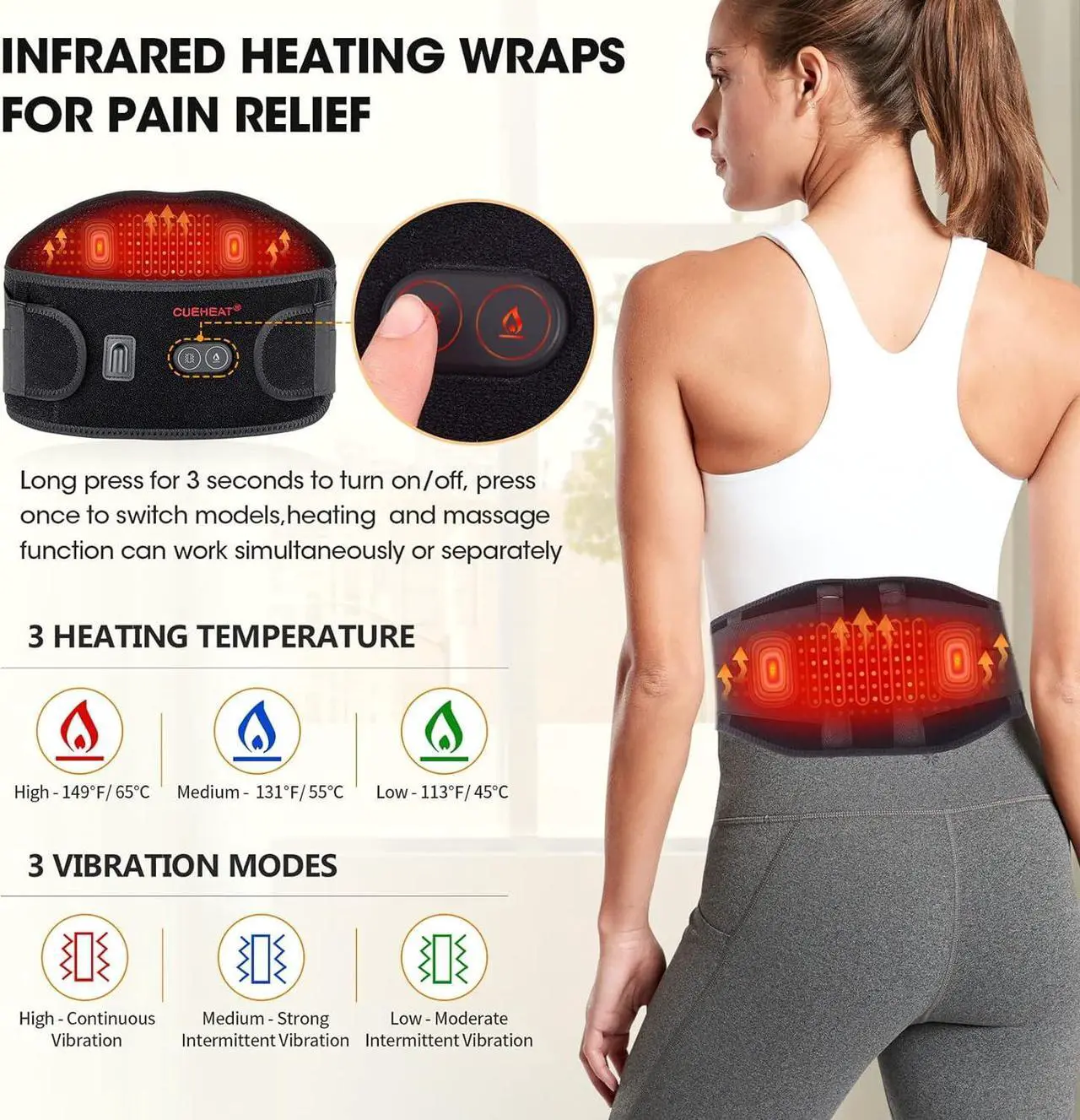 Alt view image 3 of 7 - CUEHEAT Heating Pad Back Brace with Heat and Massage,Heated Back Massage with Rechargeable Battery, Back Heat Support Belt for Men, Women Heated Back Brace, Heating pad with Massager for Back(48Inch)