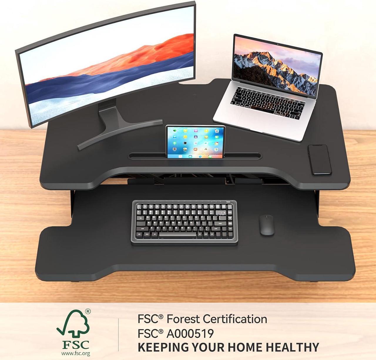 Alt view image 3 of 7 - Standing Desk Converter 30 Inches Stand up Desk Riser, Height Adjustable Dual Tier Sit Stand Tabletop Monitor Riser Workstation for Home Office with Deep Keyboard Tray for Laptop