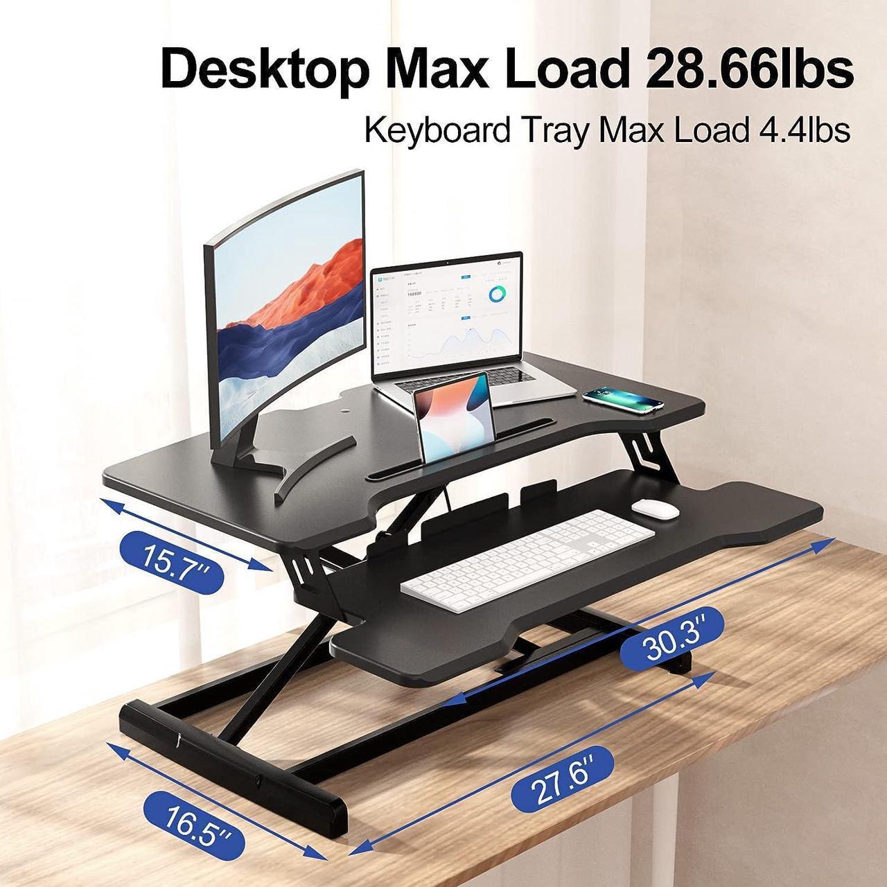 Alt view image 5 of 7 - Standing Desk Converter 30 Inches Stand up Desk Riser, Height Adjustable Dual Tier Sit Stand Tabletop Monitor Riser Workstation for Home Office with Deep Keyboard Tray for Laptop