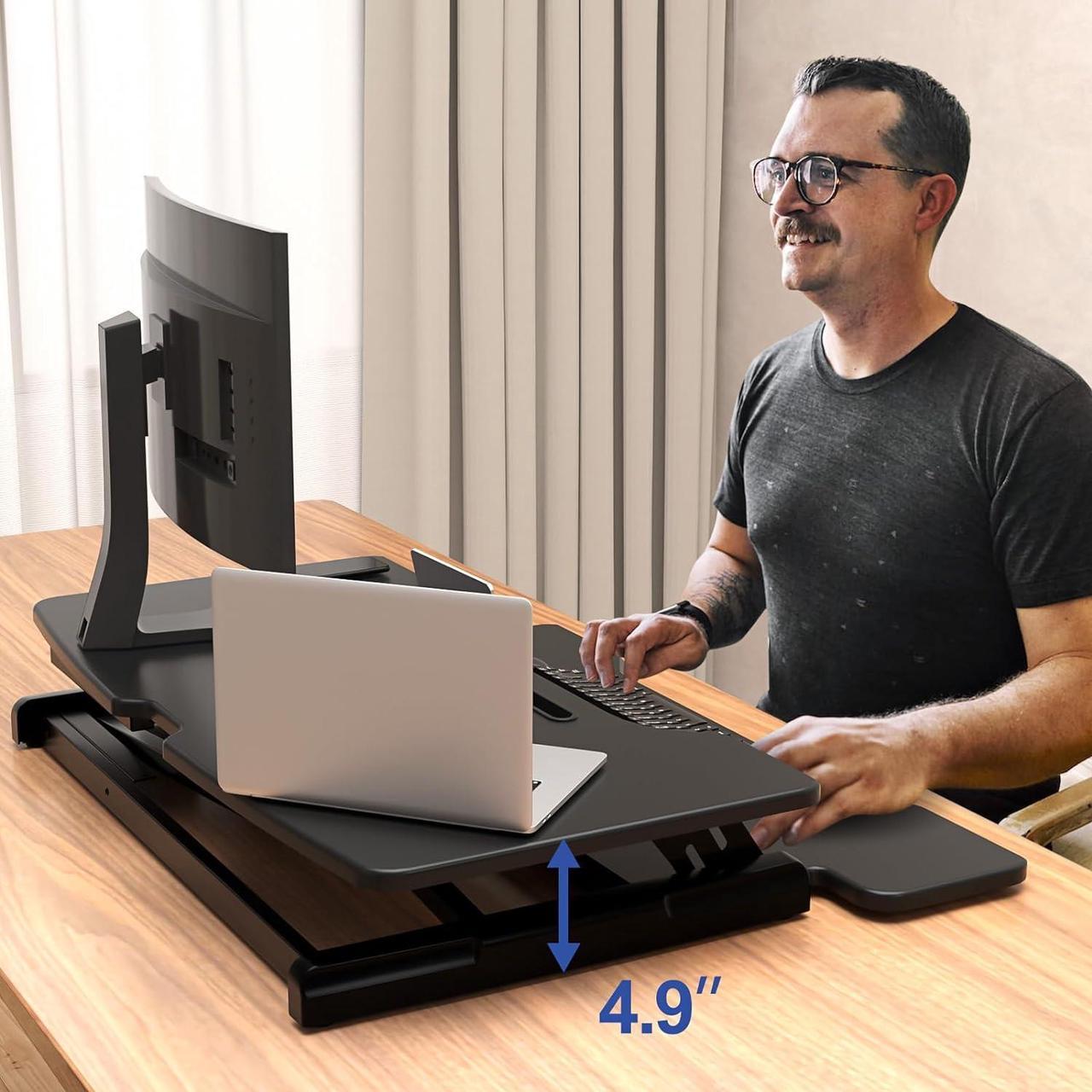 Alt view image 7 of 7 - Standing Desk Converter 30 Inches Stand up Desk Riser, Height Adjustable Dual Tier Sit Stand Tabletop Monitor Riser Workstation for Home Office with Deep Keyboard Tray for Laptop