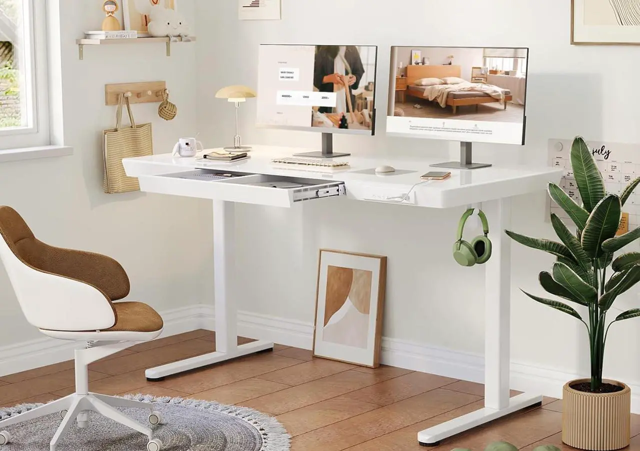 Alt view image 2 of 7 - Glass Standing Desk with Drawers, 48 x 24 Inch Electric Stand Up Desk with USB Ports, Adjustable Height Desk for Home Office, White