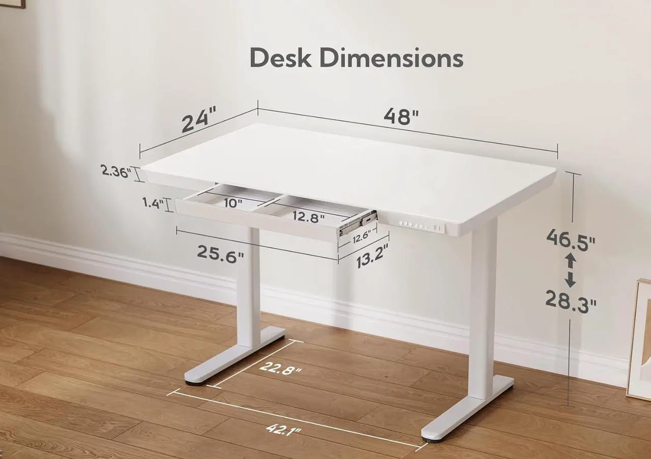 Alt view image 3 of 7 - Glass Standing Desk with Drawers, 48 x 24 Inch Electric Stand Up Desk with USB Ports, Adjustable Height Desk for Home Office, White