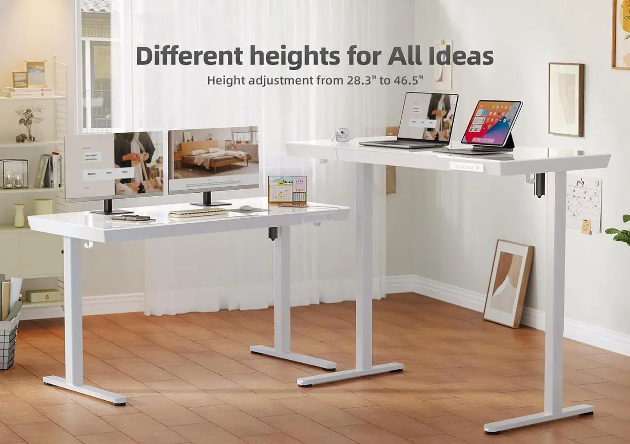 Alt view image 5 of 7 - Glass Standing Desk with Drawers, 48 x 24 Inch Electric Stand Up Desk with USB Ports, Adjustable Height Desk for Home Office, White