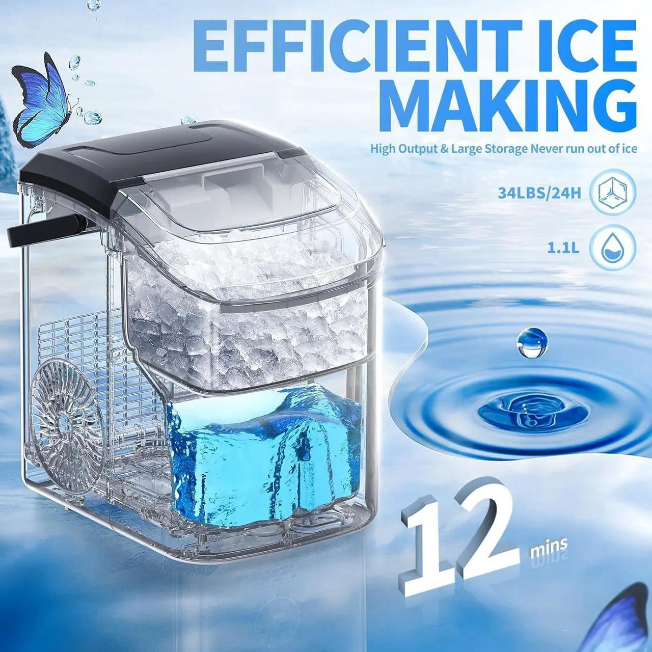 Alt view image 2 of 7 - Nugget Countertop Ice Maker with Soft Chewable Pellet Ice,Pebble Portable Ice Machine with Ice Scoop, 34lbs in 24 Hours, Self-Cleaning, Sonic Ice, One-Click Operation, for Kitchen,Office Black