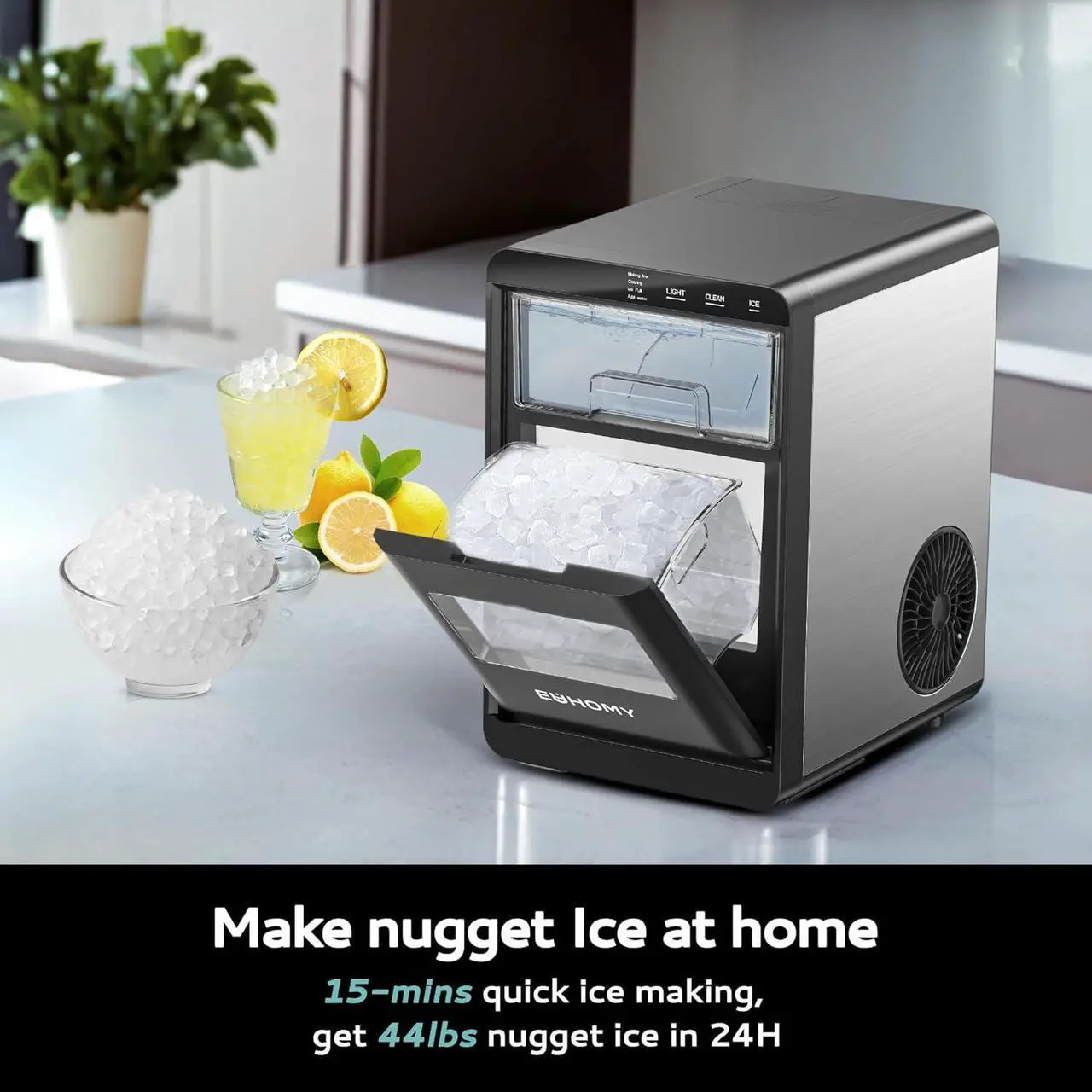 Alt view image 2 of 7 - Nugget Ice Maker Countertop, 44Lbs/24H Pebble Ice Maker Machine, Self-Cleaning Pellet Ice Machine with Ice Scoop&basket, Sonic Countertop Ice Machine for Home/Kitchen/Office(Black)
