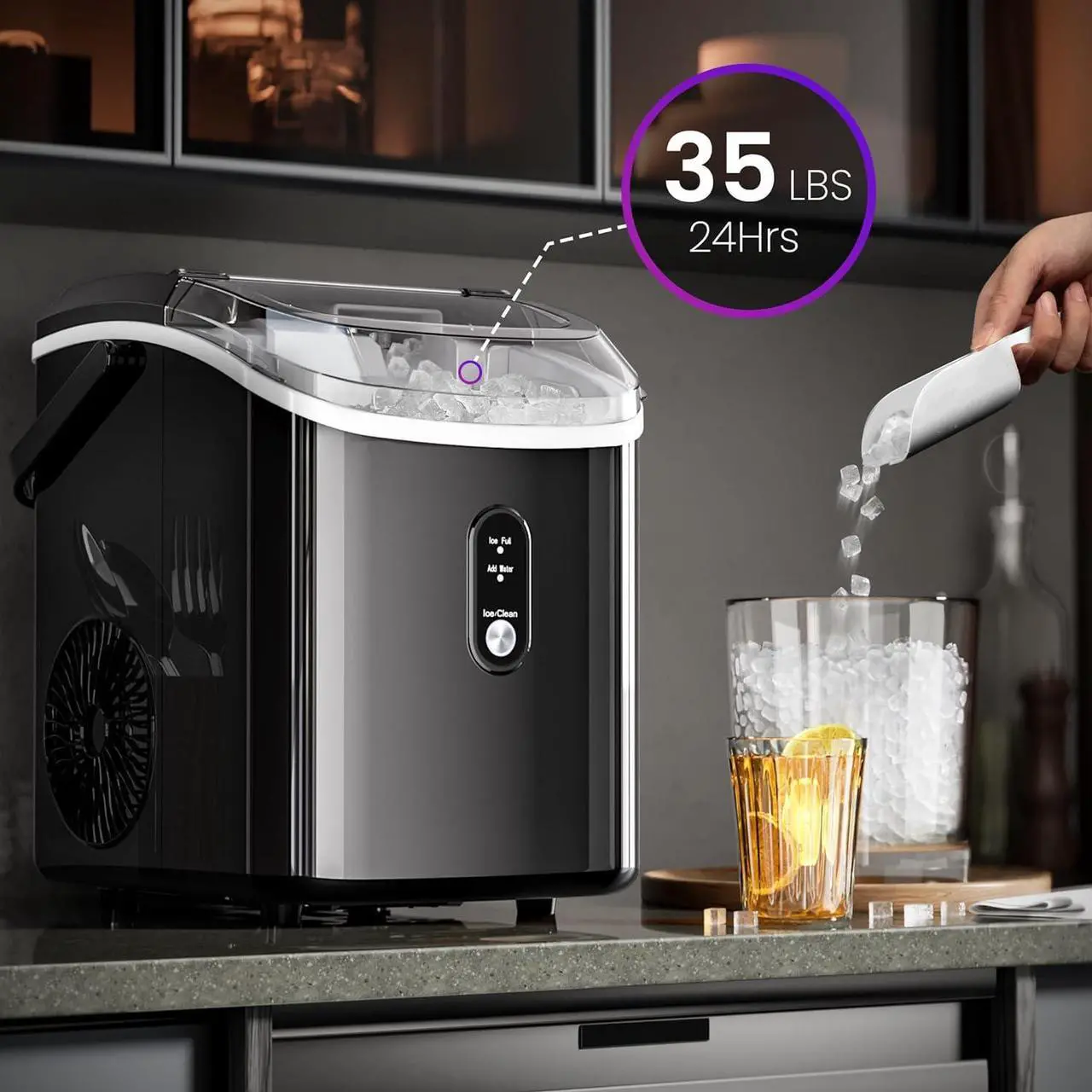 Alt view image 2 of 7 - Nugget Ice Maker Countertop with Chewable Ice, 35lbs/Day, Portable Ice Maker Countertop with Handle, One-Click Operation, Compact Design, Crushed Pellet Ice Maker for Home & Bar(Black)