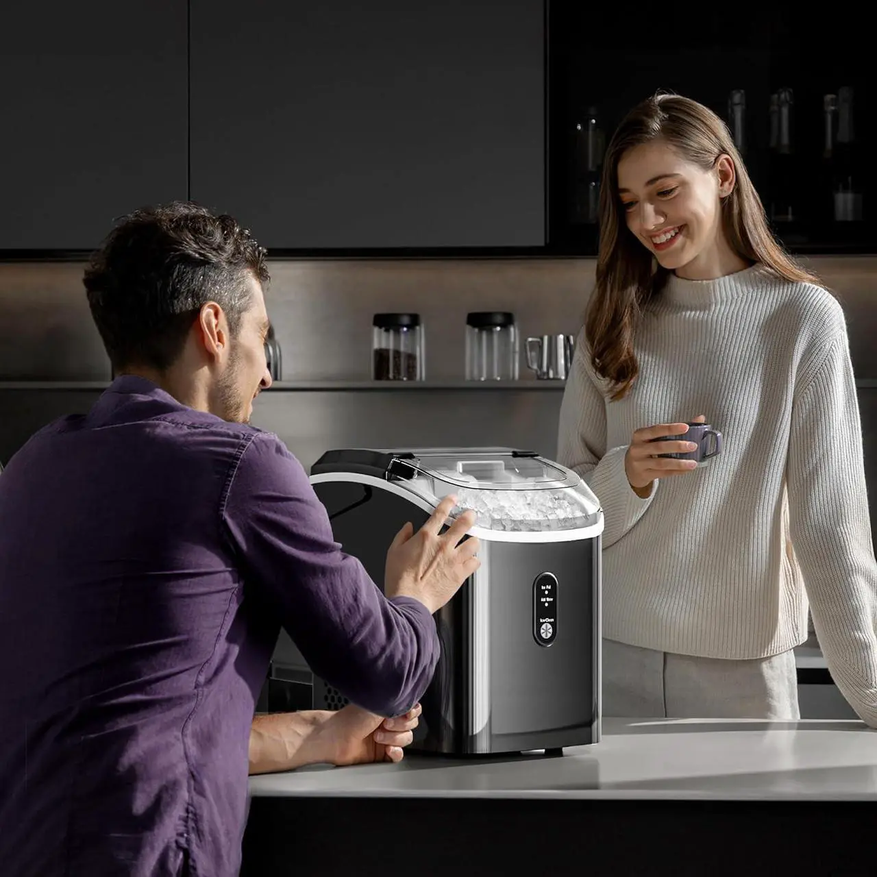 Alt view image 7 of 7 - Nugget Ice Maker Countertop with Chewable Ice, 35lbs/Day, Portable Ice Maker Countertop with Handle, One-Click Operation, Compact Design, Crushed Pellet Ice Maker for Home & Bar(Black)