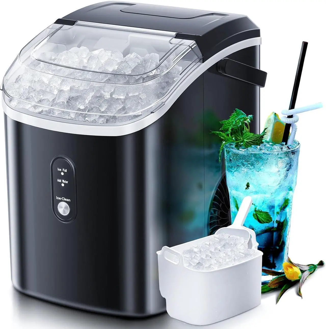 Main image of Nugget Countertop Ice Maker with Soft Chewable Pellet Ice,Pebble Portable Ice Machine with Ice Scoop, 34lbs in 24 Hours, Self-Cleaning, Sonic Ice, One-Click Operation, for Kitchen,Office Black