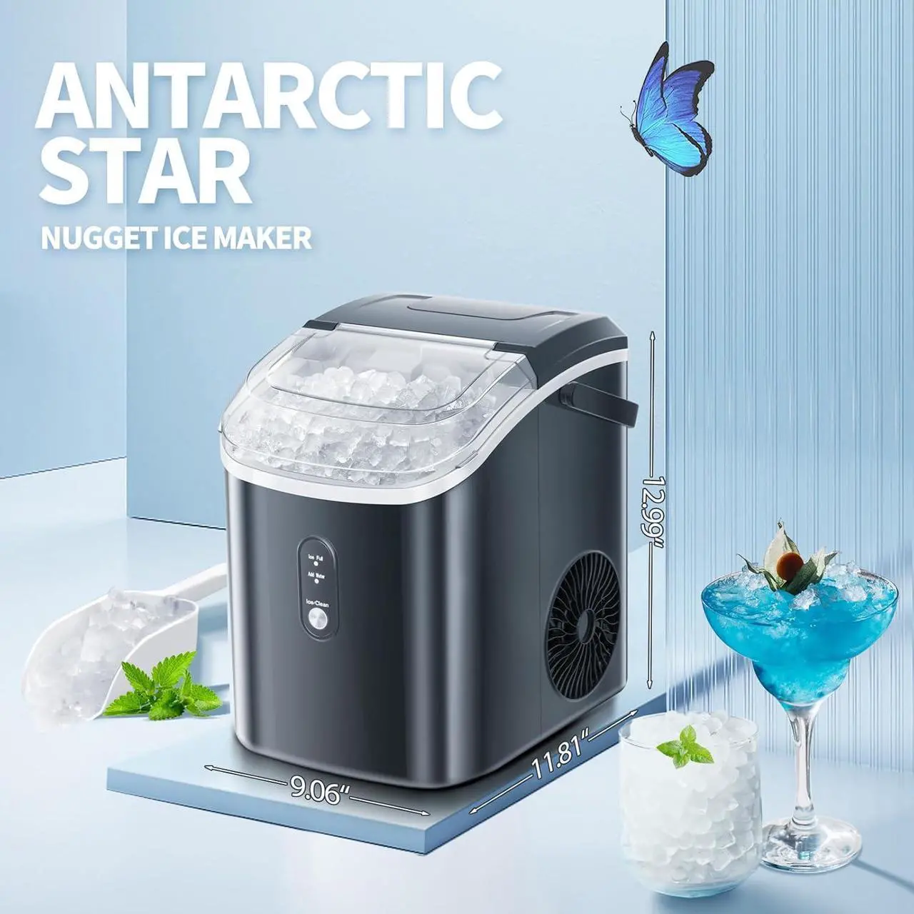 Alt view image 4 of 7 - Nugget Countertop Ice Maker with Soft Chewable Pellet Ice,Pebble Portable Ice Machine with Ice Scoop, 34lbs in 24 Hours, Self-Cleaning, Sonic Ice, One-Click Operation, for Kitchen,Office Black