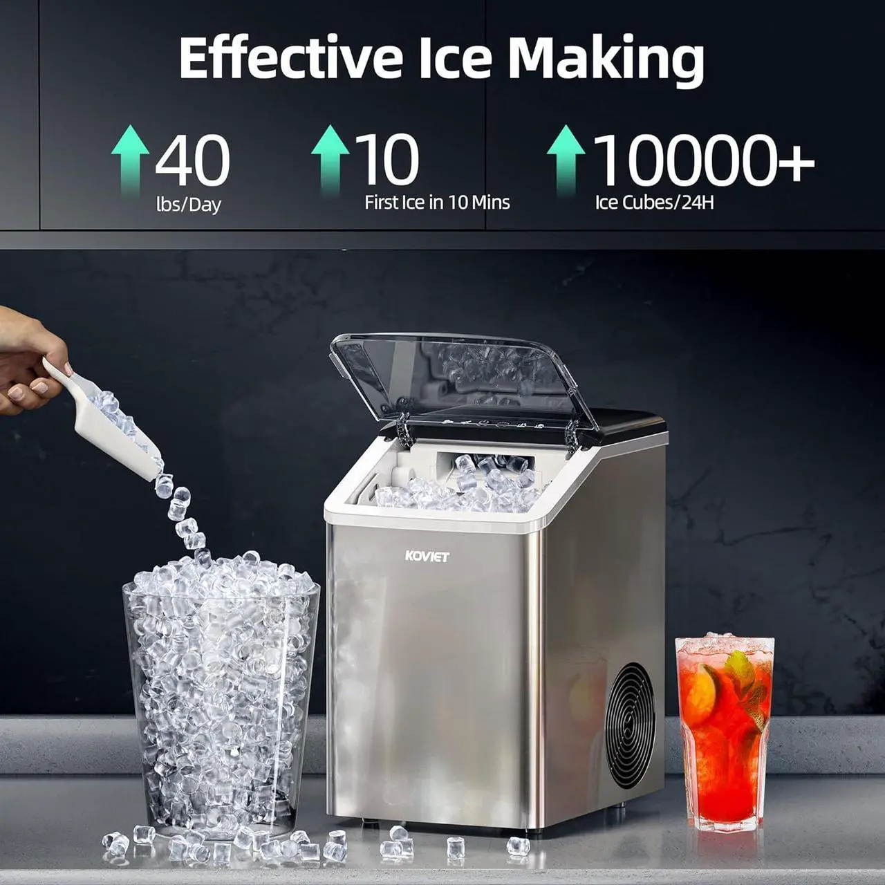 Alt view image 2 of 7 - Nugget Ice Maker Countertop, 40lbs/24H Tooth-Friendly Soft Chewable Pebble Ice Machine, Self-Cleaning with Drainpipe, Crushed Pellet Ice Makers for Home Kitchen Party, Stainless Steel