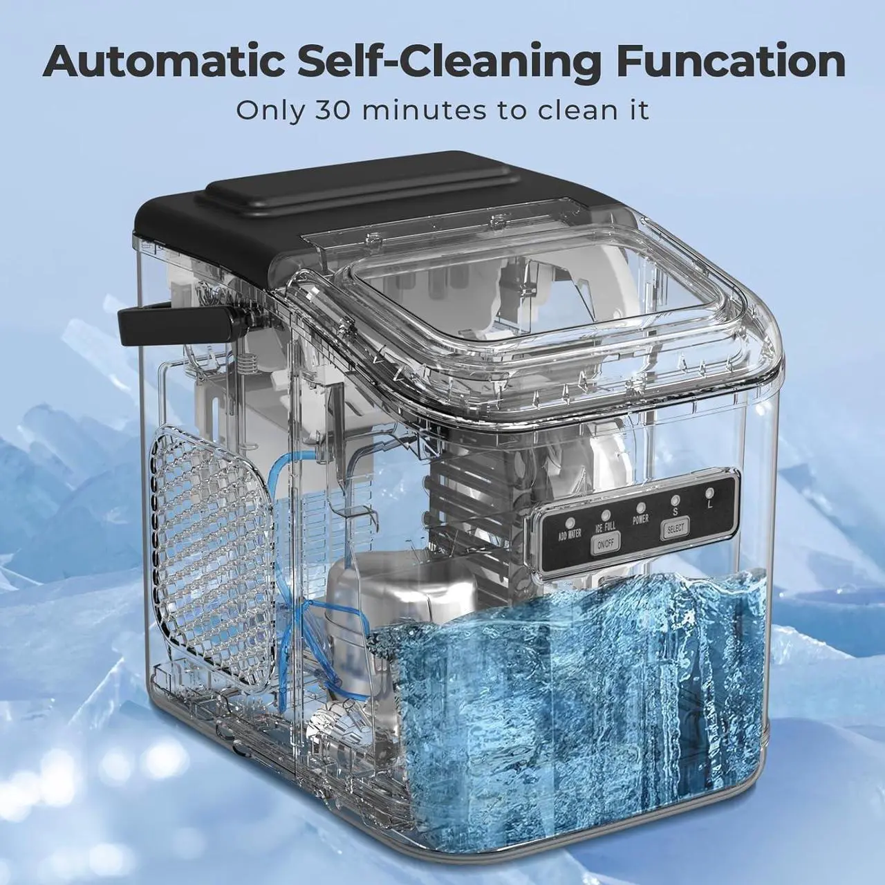Alt view image 4 of 7 - Countertop Ice Maker, Portable Bullet Ice Machine Self-Cleaning with Ice Scoop and Basket,9 Cubes in 6 Mins, 26.5lbs/24h,2 Sizes of Ice Cube for Home Kitchen Office Bar Party