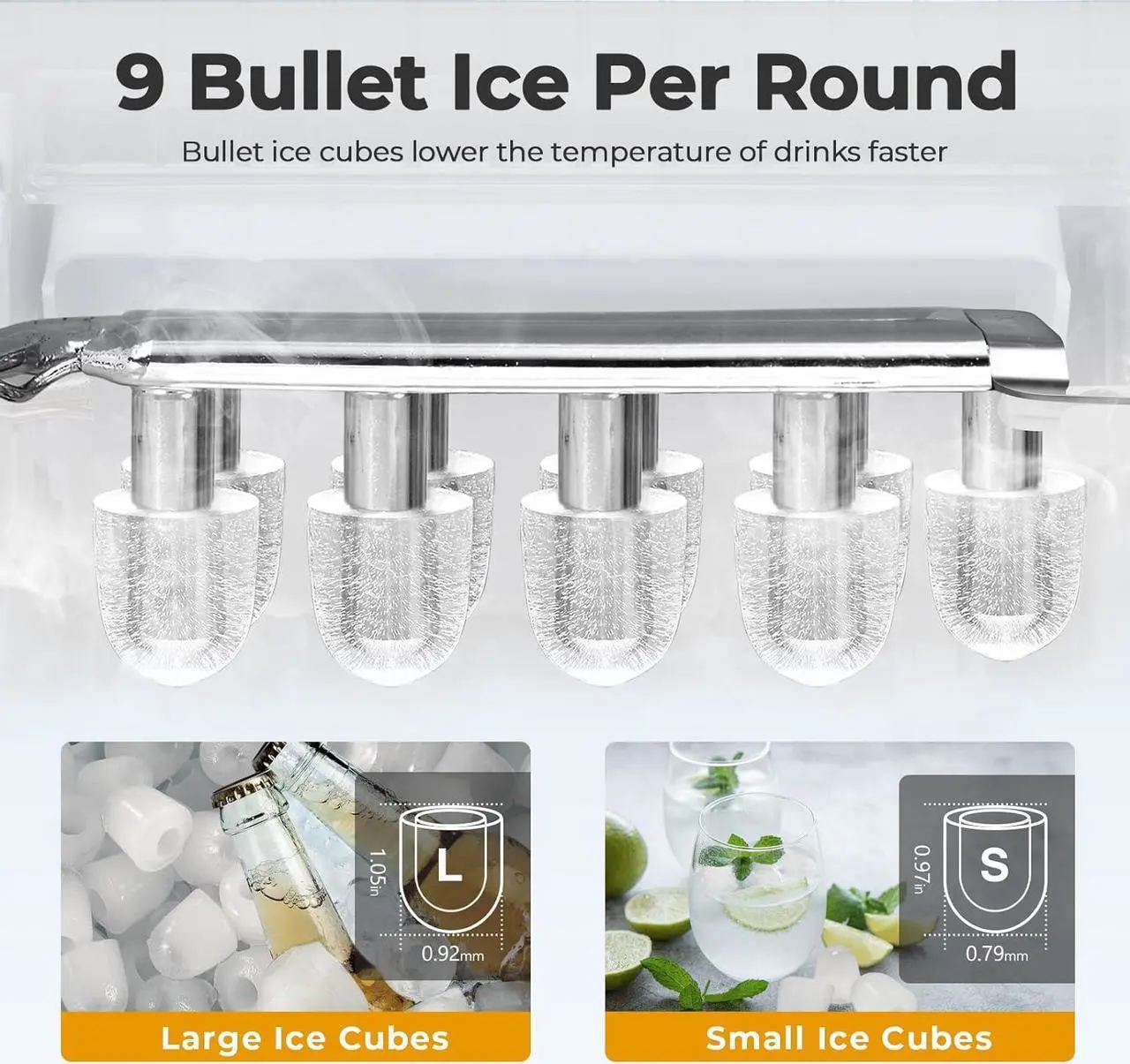 Alt view image 3 of 7 - Countertop Ice Maker, Portable Bullet Ice Machine Self-Cleaning with Ice Scoop and Basket,9 Cubes in 6 Mins, 26.5lbs/24h,2 Sizes of Ice Cube for Home Kitchen Office Bar Party