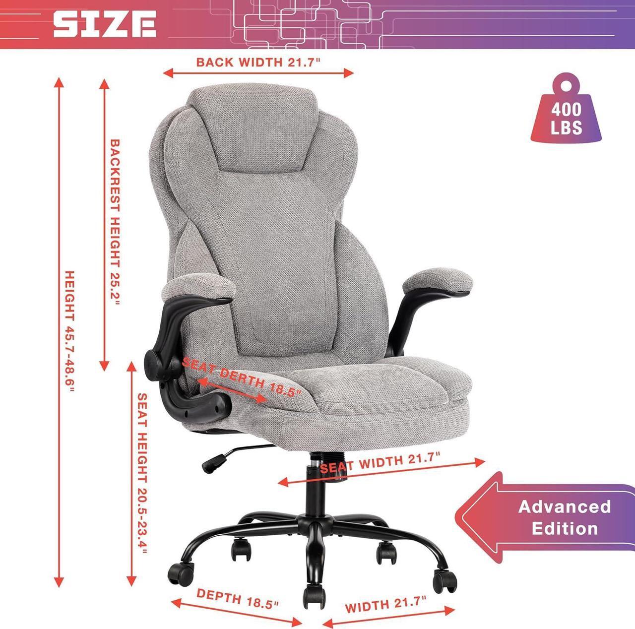 Alt view image 3 of 7 - Big and Tall Fabric Office Chair 400lbs-Heavy Duty Executive Desk Chair with Extra Wide Seat, High Back Ergonomic Leather Computer Chair with Tilt Rock&Tension, Padded Armrests-Black