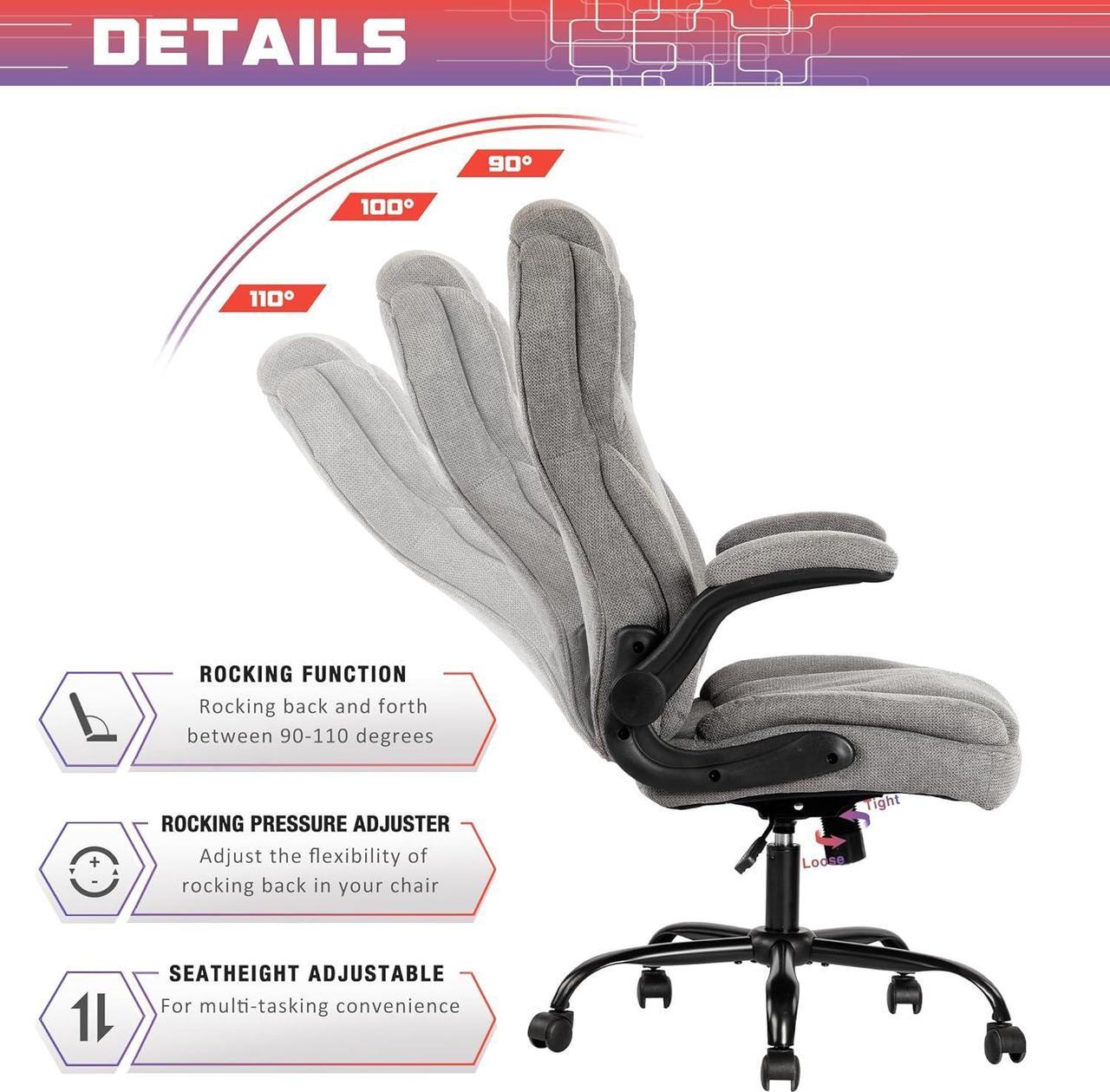 Alt view image 6 of 7 - Big and Tall Fabric Office Chair 400lbs-Heavy Duty Executive Desk Chair with Extra Wide Seat, High Back Ergonomic Leather Computer Chair with Tilt Rock&Tension, Padded Armrests-Black