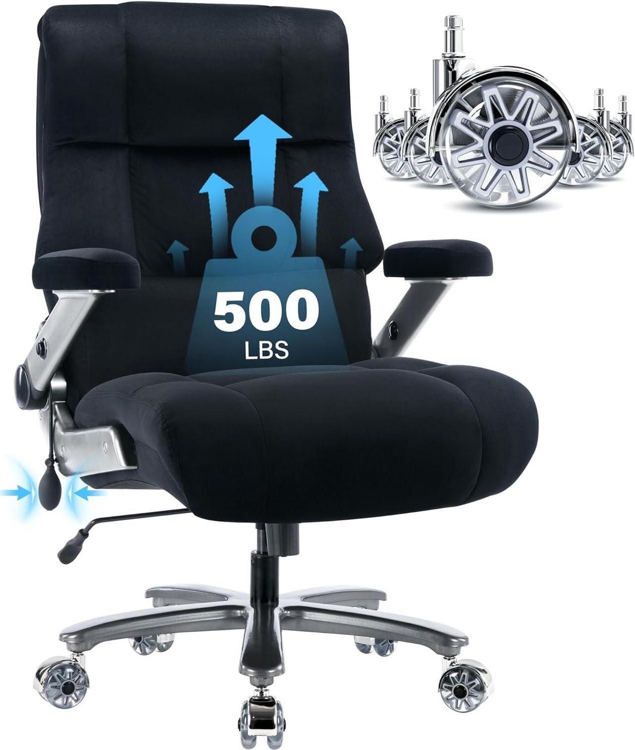 Main image of Big and Tall Office Chair 500lbs- Executive Desk Chair with Adjustable Lumbar Support 3D Flip UP Arms- Heavy Duty Quiet Wheels Metal Base Ergonomic Computer Chair, Black
