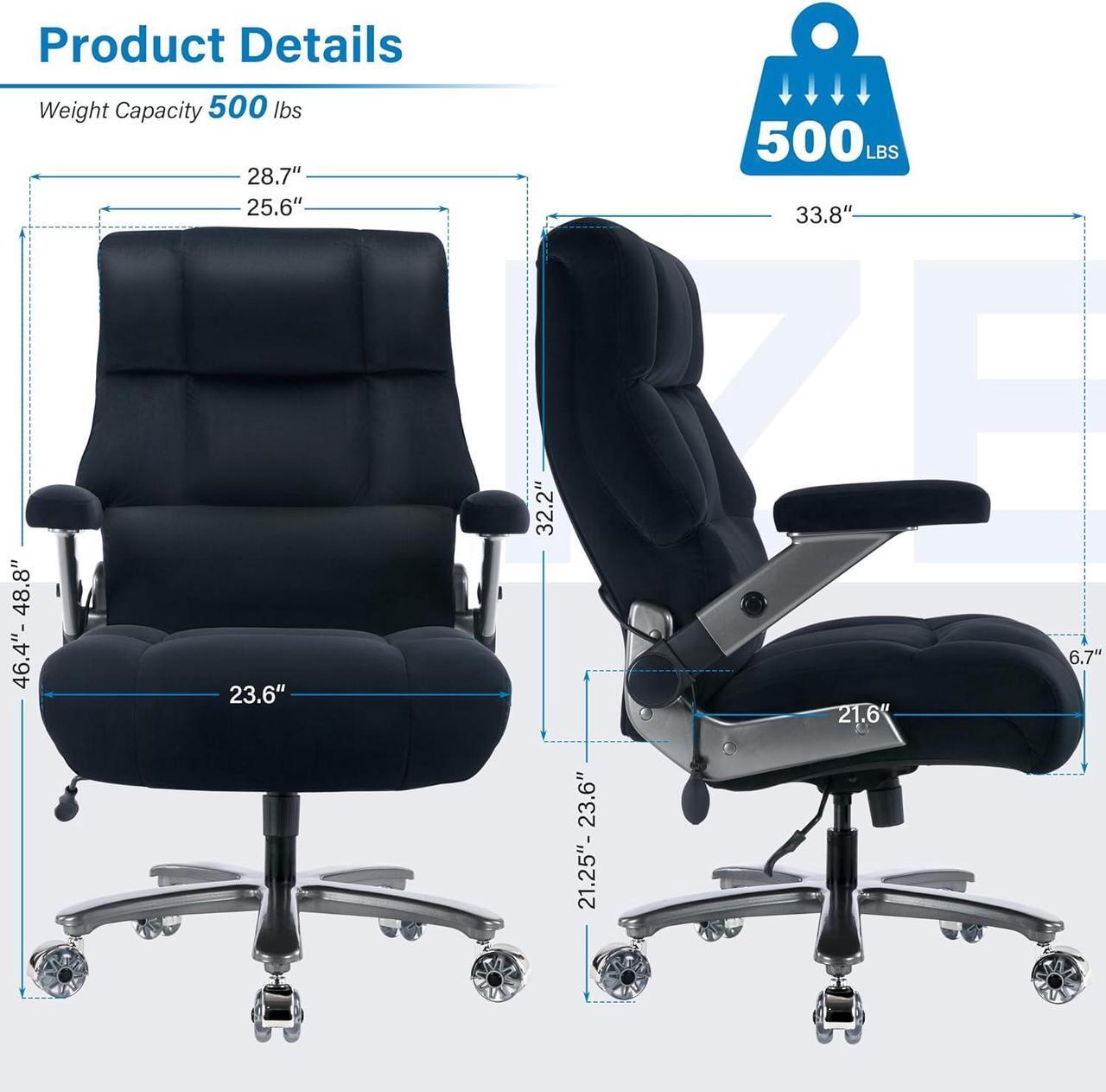 Alt view image 3 of 7 - Big and Tall Office Chair 500lbs- Executive Desk Chair with Adjustable Lumbar Support 3D Flip UP Arms- Heavy Duty Quiet Wheels Metal Base Ergonomic Computer Chair, Black