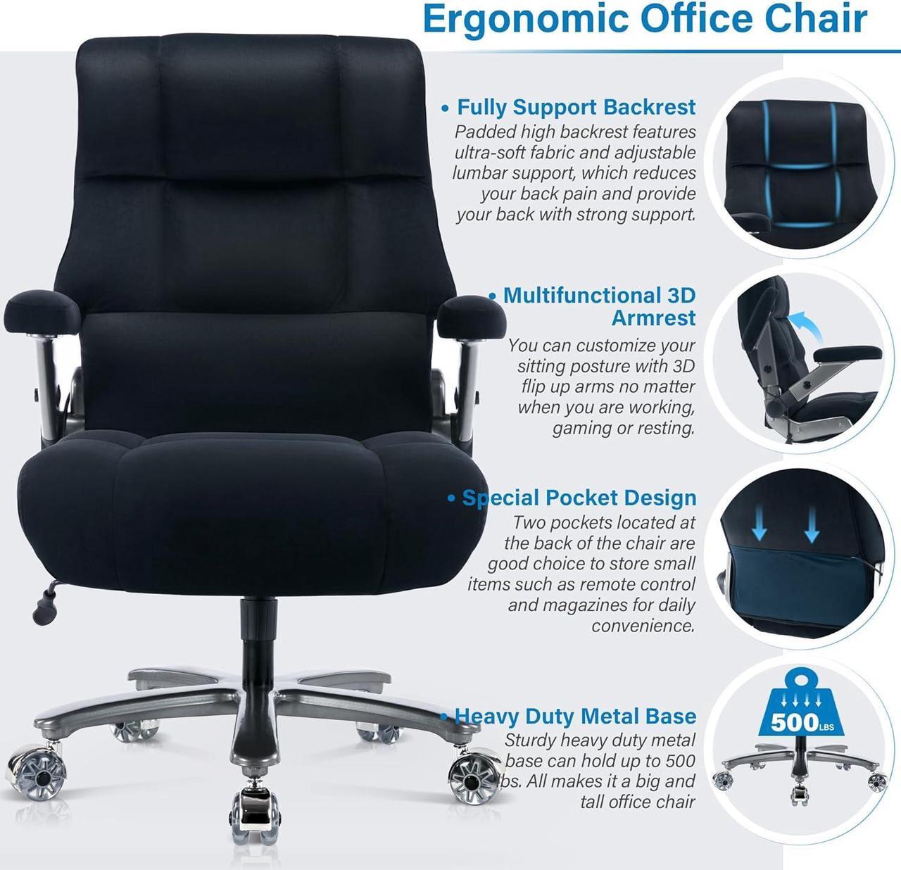 Alt view image 4 of 7 - Big and Tall Office Chair 500lbs- Executive Desk Chair with Adjustable Lumbar Support 3D Flip UP Arms- Heavy Duty Quiet Wheels Metal Base Ergonomic Computer Chair, Black