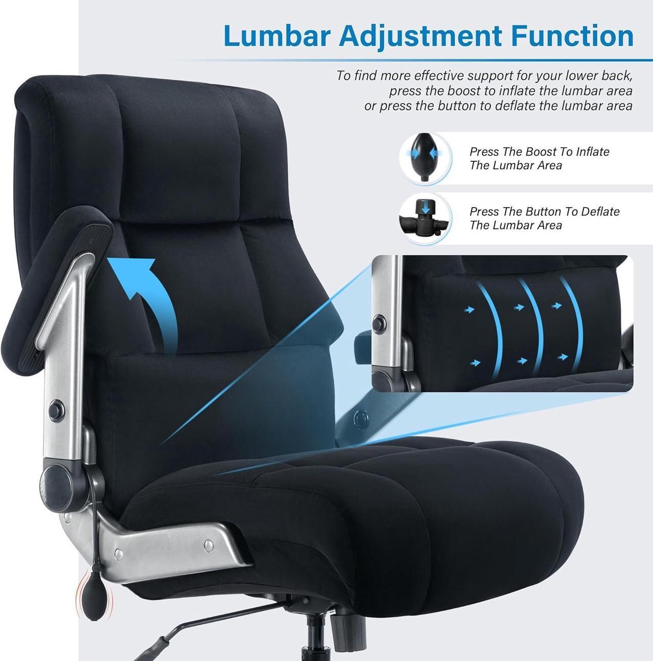 Alt view image 6 of 7 - Big and Tall Office Chair 500lbs- Executive Desk Chair with Adjustable Lumbar Support 3D Flip UP Arms- Heavy Duty Quiet Wheels Metal Base Ergonomic Computer Chair, Black