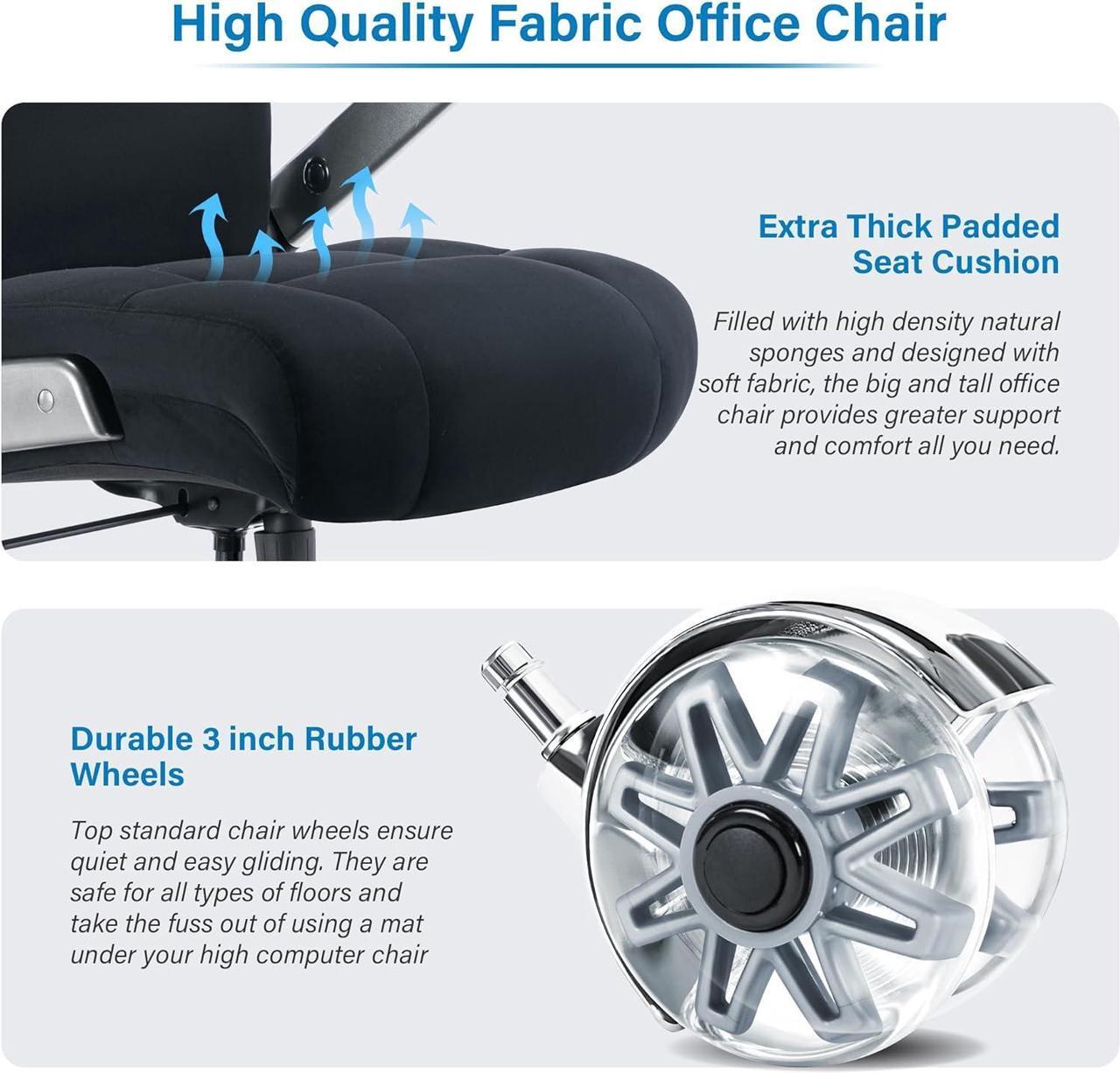 Alt view image 7 of 7 - Big and Tall Office Chair 500lbs- Executive Desk Chair with Adjustable Lumbar Support 3D Flip UP Arms- Heavy Duty Quiet Wheels Metal Base Ergonomic Computer Chair, Black