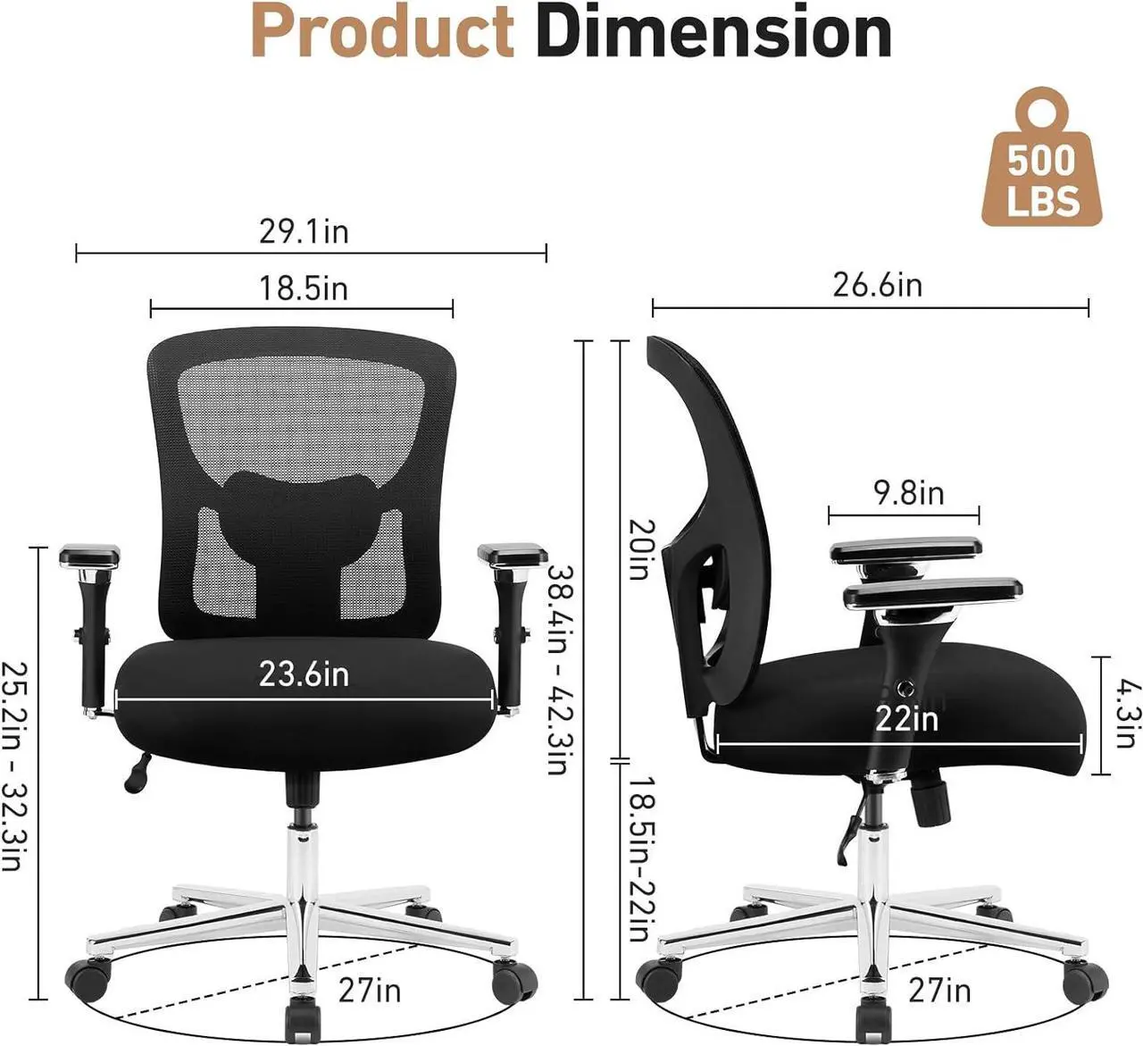 Alt view image 2 of 7 - Ergonomic Home Office Desk Chair 500lbs Mid Back with Lumbar Support & 4D Armrest, Height Adjustable Mesh Computer Gaming with Backrest & Swivel Wheels, Comfy for Heavy Duty, Black