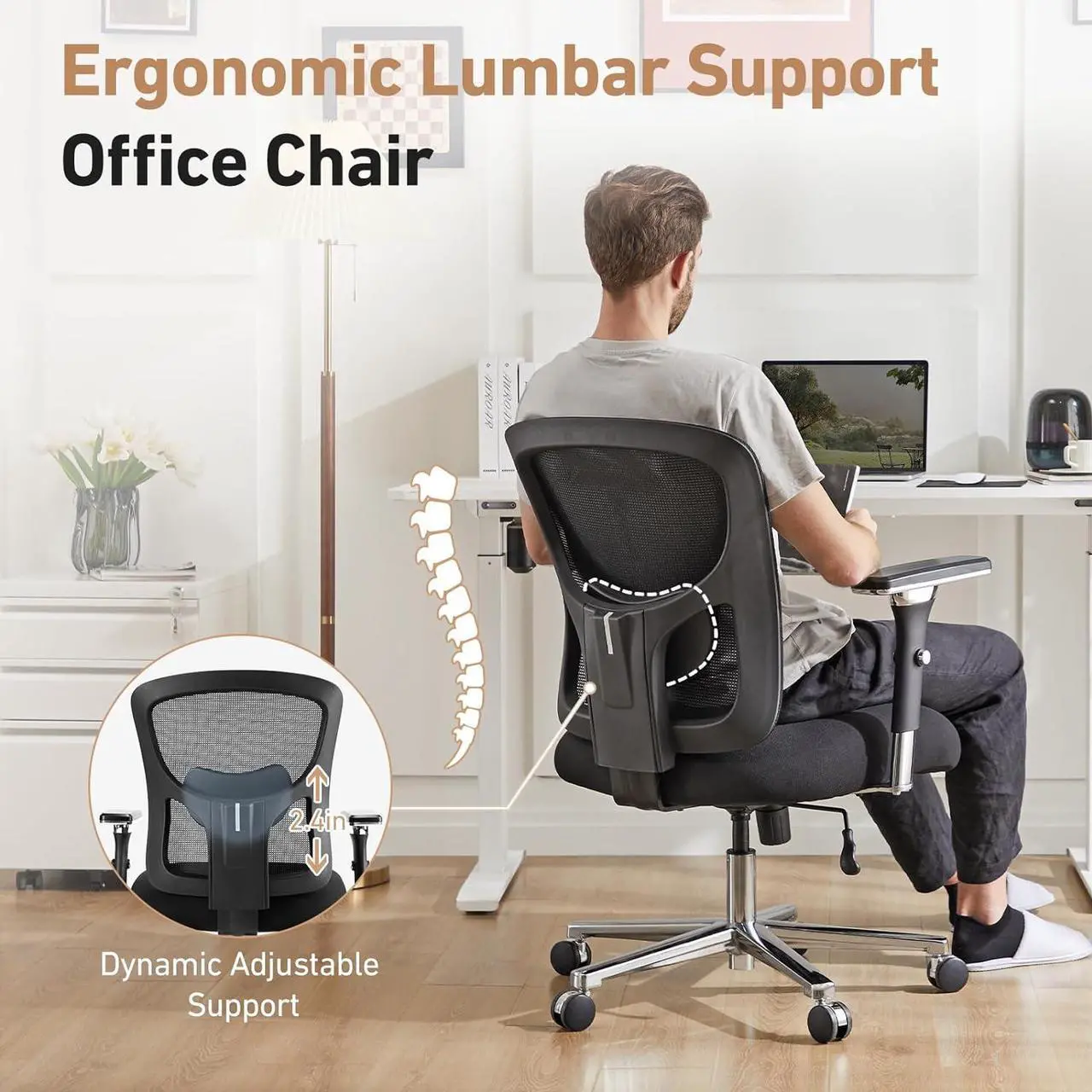 Alt view image 3 of 7 - Ergonomic Home Office Desk Chair 500lbs Mid Back with Lumbar Support & 4D Armrest, Height Adjustable Mesh Computer Gaming with Backrest & Swivel Wheels, Comfy for Heavy Duty, Black
