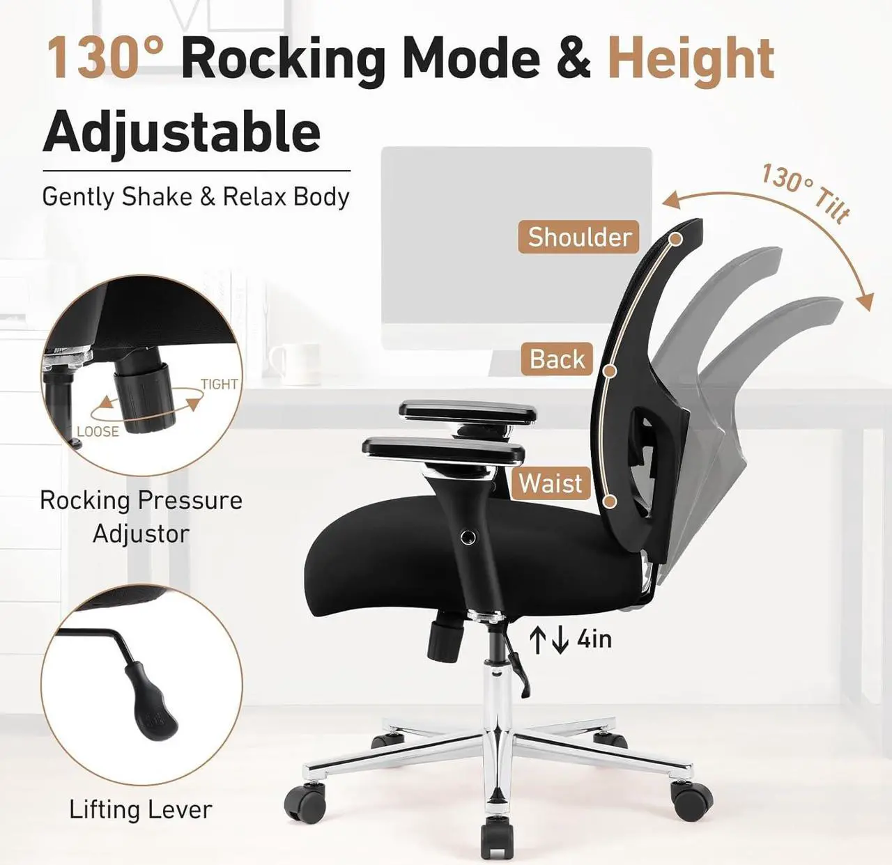 Alt view image 4 of 7 - Ergonomic Home Office Desk Chair 500lbs Mid Back with Lumbar Support & 4D Armrest, Height Adjustable Mesh Computer Gaming with Backrest & Swivel Wheels, Comfy for Heavy Duty, Black