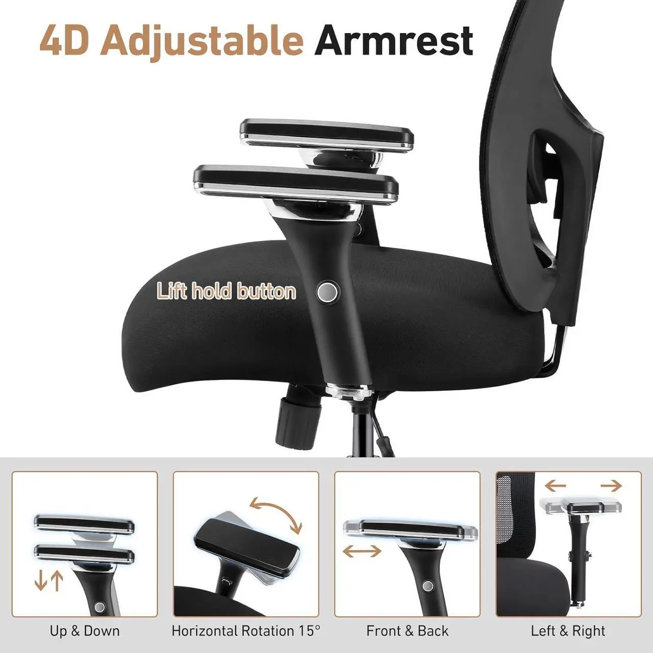 Alt view image 5 of 7 - Ergonomic Home Office Desk Chair 500lbs Mid Back with Lumbar Support & 4D Armrest, Height Adjustable Mesh Computer Gaming with Backrest & Swivel Wheels, Comfy for Heavy Duty, Black