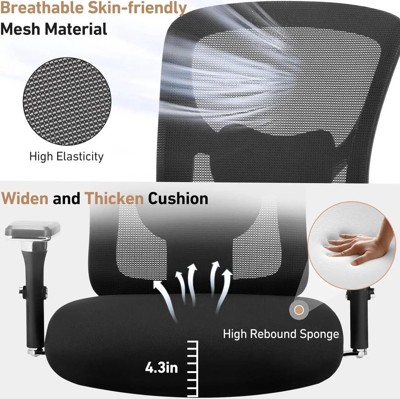 Alt view image 6 of 7 - Ergonomic Home Office Desk Chair 500lbs Mid Back with Lumbar Support & 4D Armrest, Height Adjustable Mesh Computer Gaming with Backrest & Swivel Wheels, Comfy for Heavy Duty, Black