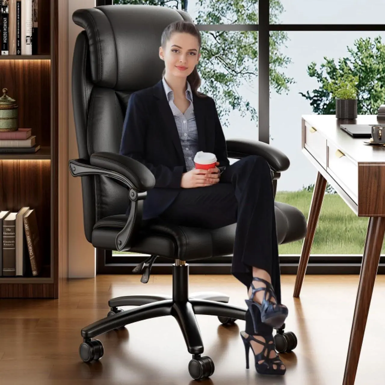 Alt view image 3 of 7 - Ollgea Reclining Office Chair, High Back Executive Office Chair 400lbs, Leather Home Office Desk Chairs with Lumbar Support, Ergonomic Computer Comfy Desk Chair, Swivel Task Chairs with Wheels, Black