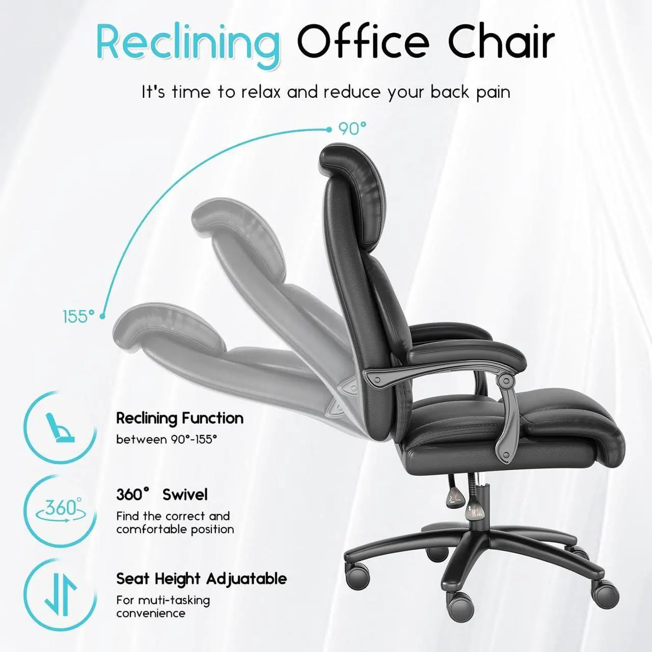 Alt view image 4 of 7 - Ollgea Reclining Office Chair, High Back Executive Office Chair 400lbs, Leather Home Office Desk Chairs with Lumbar Support, Ergonomic Computer Comfy Desk Chair, Swivel Task Chairs with Wheels, Black