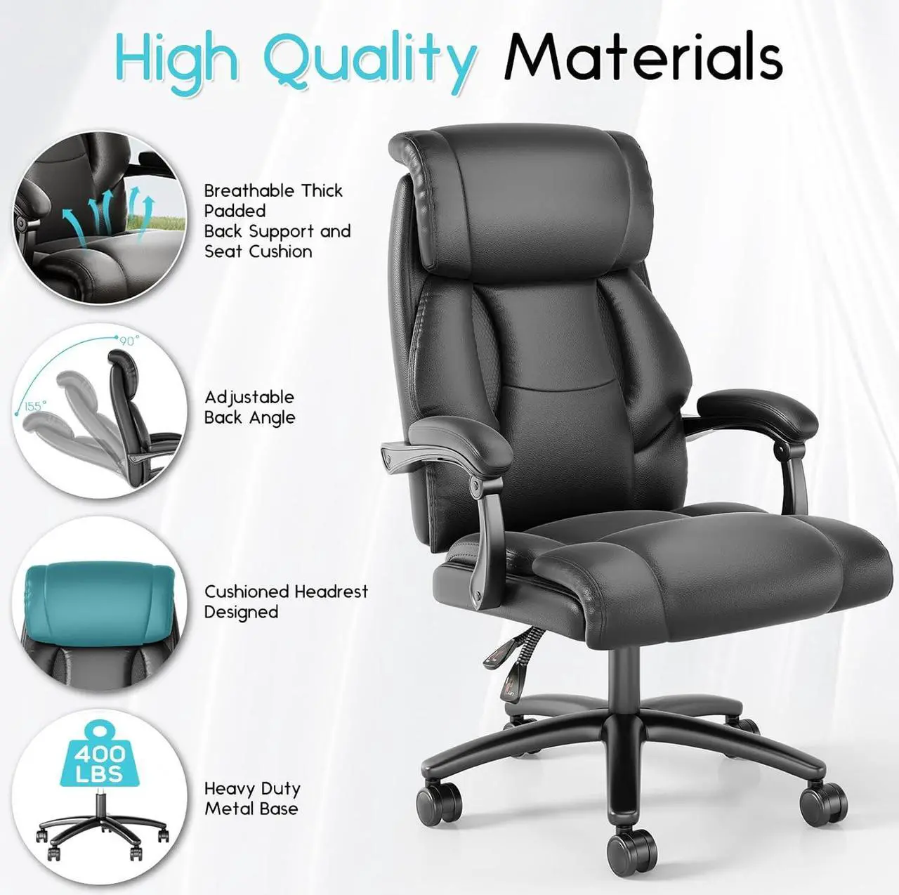 Alt view image 6 of 7 - Ollgea Reclining Office Chair, High Back Executive Office Chair 400lbs, Leather Home Office Desk Chairs with Lumbar Support, Ergonomic Computer Comfy Desk Chair, Swivel Task Chairs with Wheels, Black