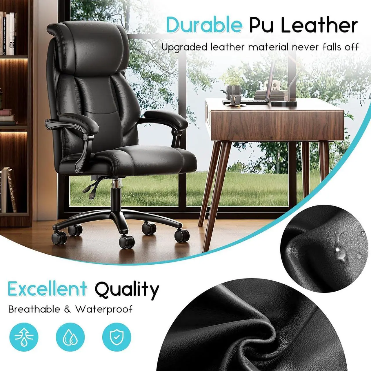 Alt view image 7 of 7 - Ollgea Reclining Office Chair, High Back Executive Office Chair 400lbs, Leather Home Office Desk Chairs with Lumbar Support, Ergonomic Computer Comfy Desk Chair, Swivel Task Chairs with Wheels, Black