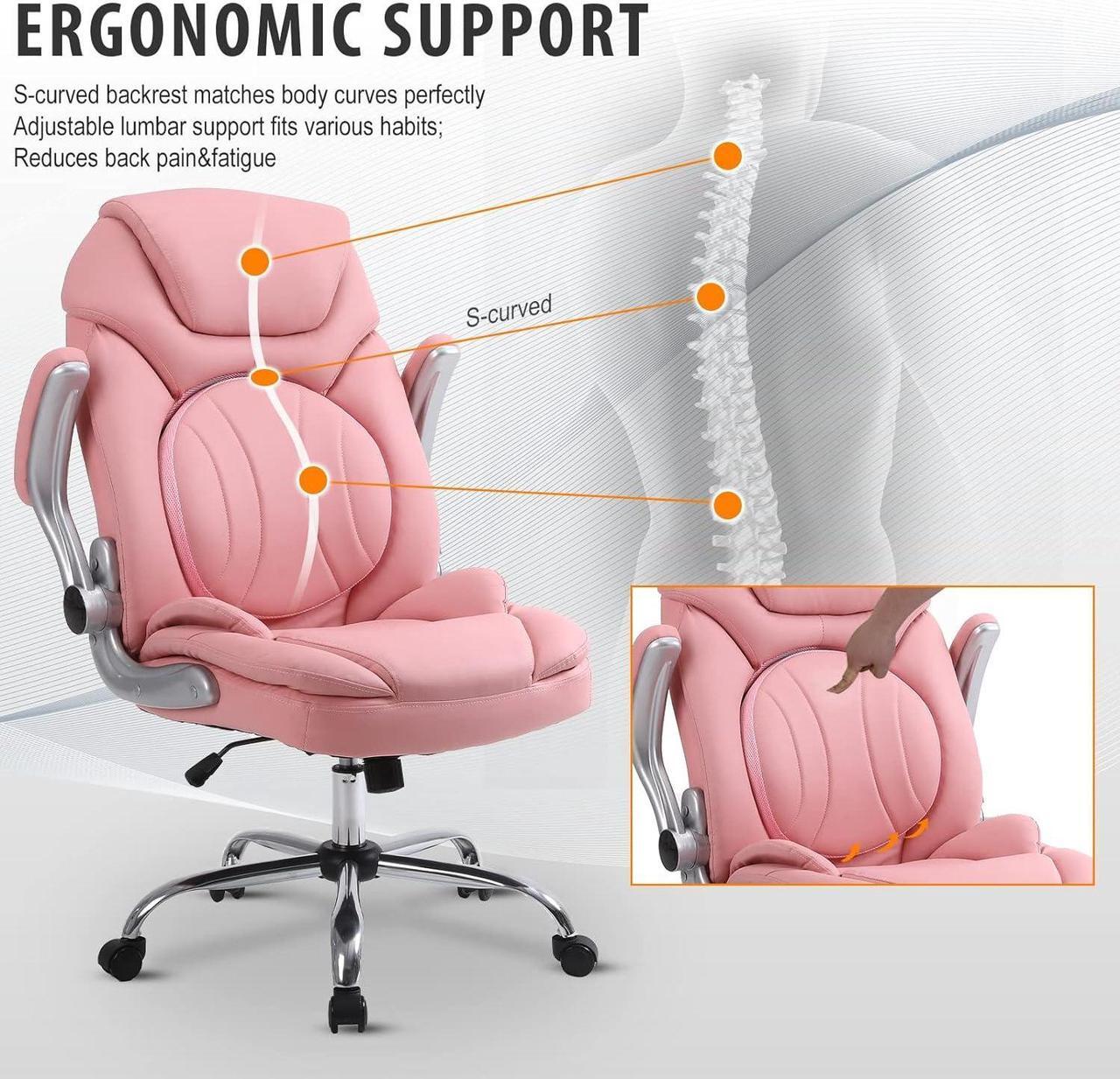 Alt view image 2 of 7 - Ergonomic Executive Office Chairs with Adjustable Lumbar Support, 90-120° Rocking Managerial Chair Swivel Desk Chairs with Padded Flip-up Armrests (Pink), Medium(300lbs)