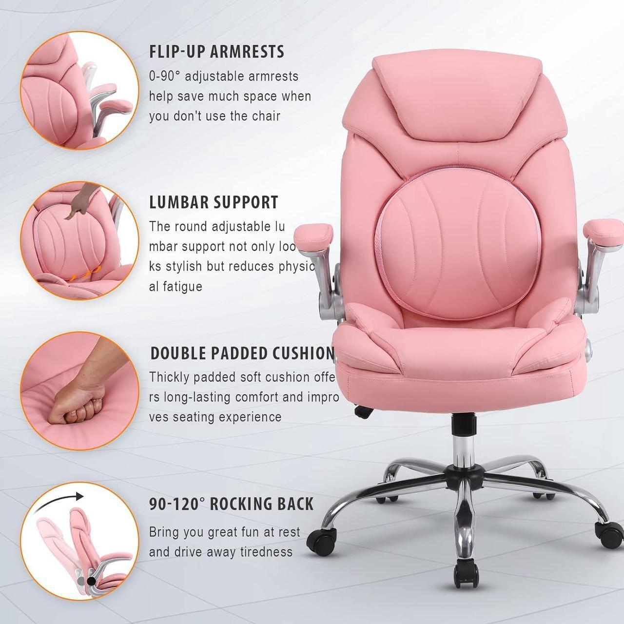 Alt view image 3 of 7 - Ergonomic Executive Office Chairs with Adjustable Lumbar Support, 90-120° Rocking Managerial Chair Swivel Desk Chairs with Padded Flip-up Armrests (Pink), Medium(300lbs)