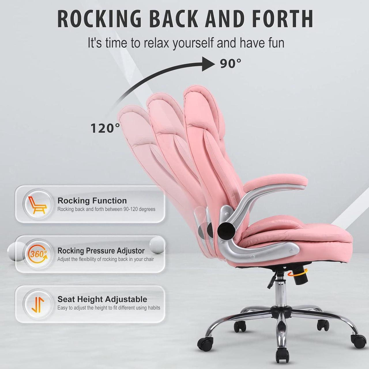 Alt view image 5 of 7 - Ergonomic Executive Office Chairs with Adjustable Lumbar Support, 90-120° Rocking Managerial Chair Swivel Desk Chairs with Padded Flip-up Armrests (Pink), Medium(300lbs)