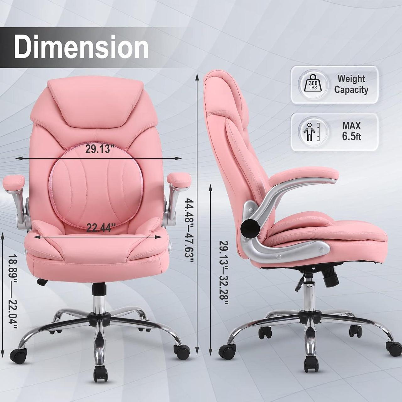 Alt view image 6 of 7 - Ergonomic Executive Office Chairs with Adjustable Lumbar Support, 90-120° Rocking Managerial Chair Swivel Desk Chairs with Padded Flip-up Armrests (Pink), Medium(300lbs)