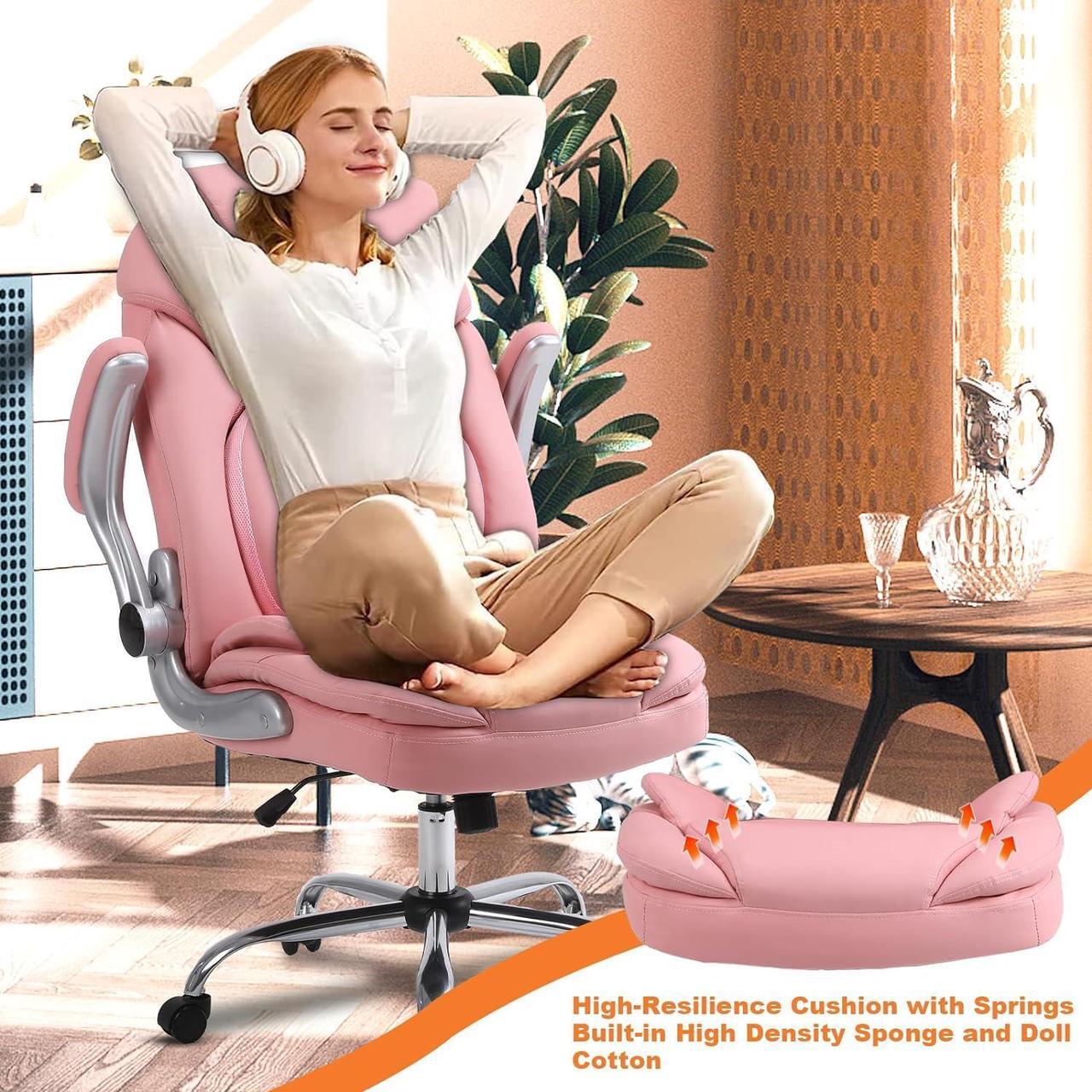 Alt view image 7 of 7 - Ergonomic Executive Office Chairs with Adjustable Lumbar Support, 90-120° Rocking Managerial Chair Swivel Desk Chairs with Padded Flip-up Armrests (Pink), Medium(300lbs)